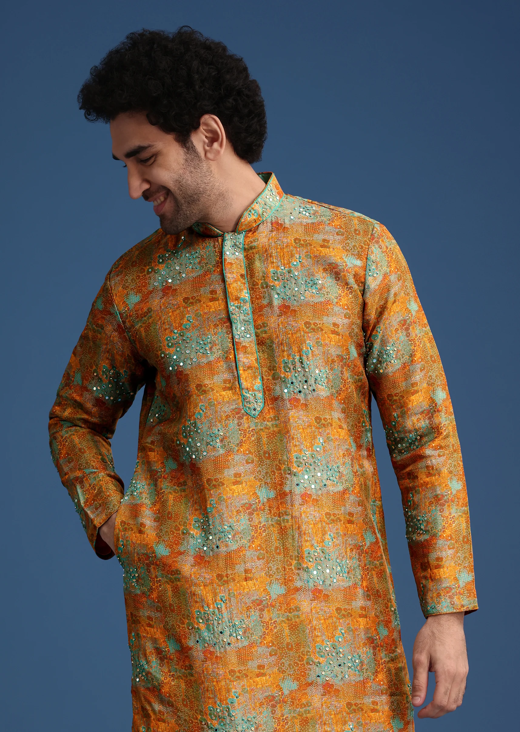 Mustard Yellow Silk Printed Kurta Set - Image 4