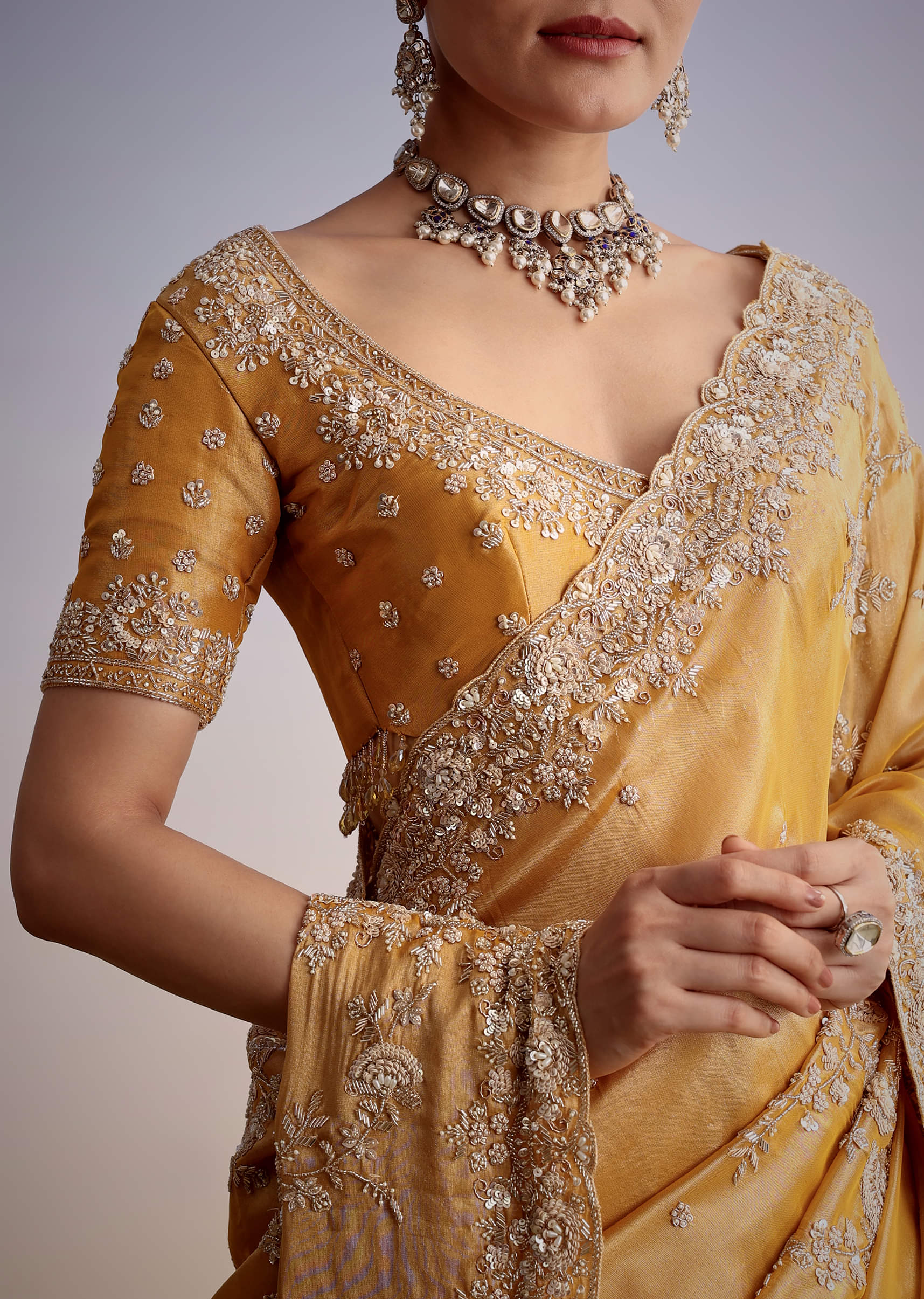 Mustard Yellow Silk Saree With Heavily Embroidered Pallu And Border - Image 3