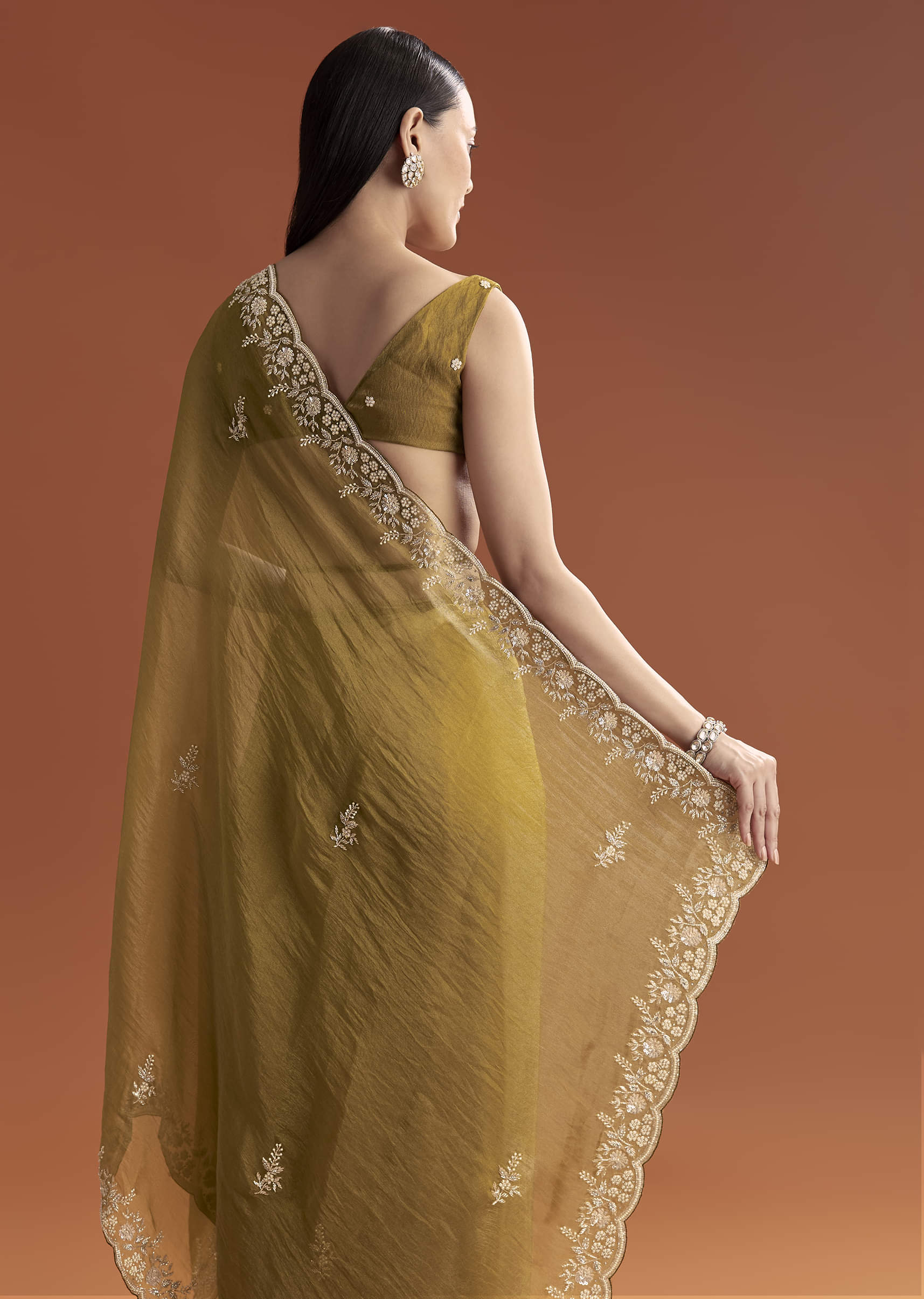 Mustard Yellow Tissue Saree With Floral Butti Embroidery - Image 6