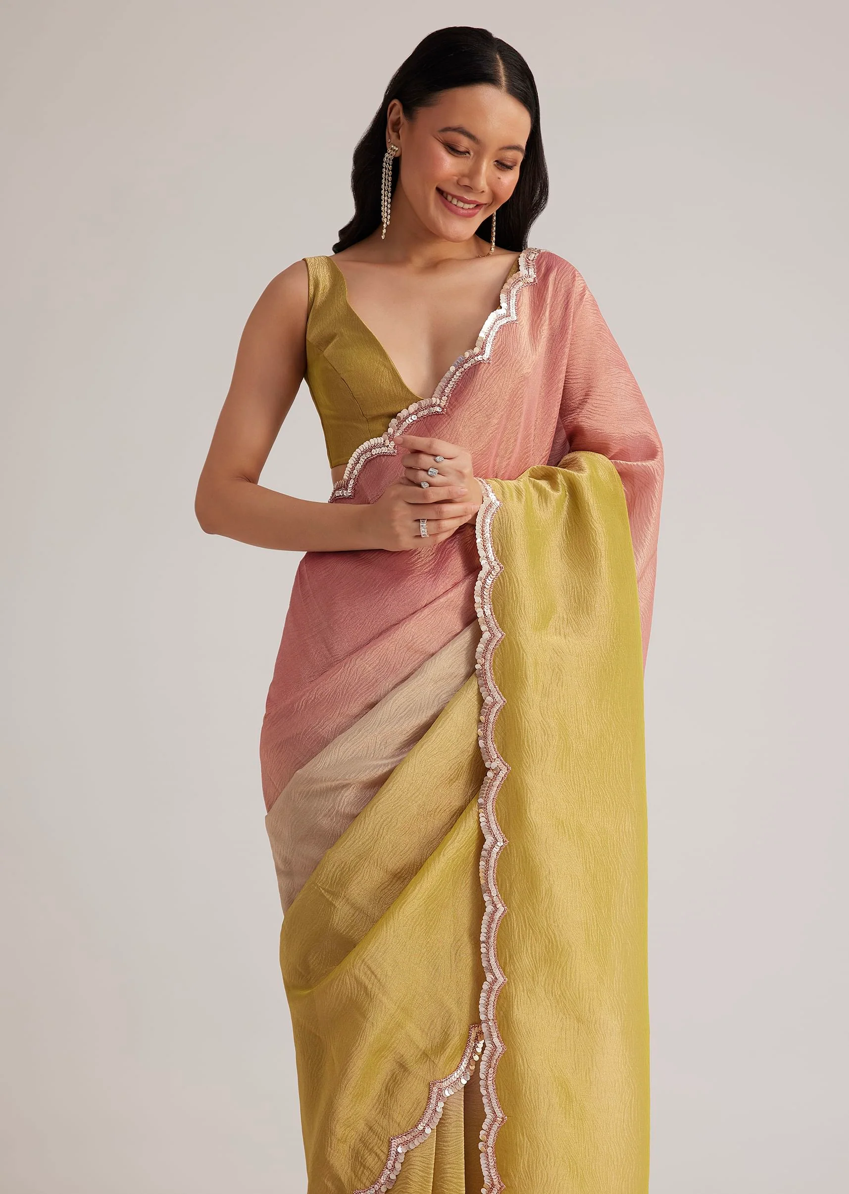 Mustard Yellow Triple Shaded Crushed Tissue Saree With Scallop Border - Image 2