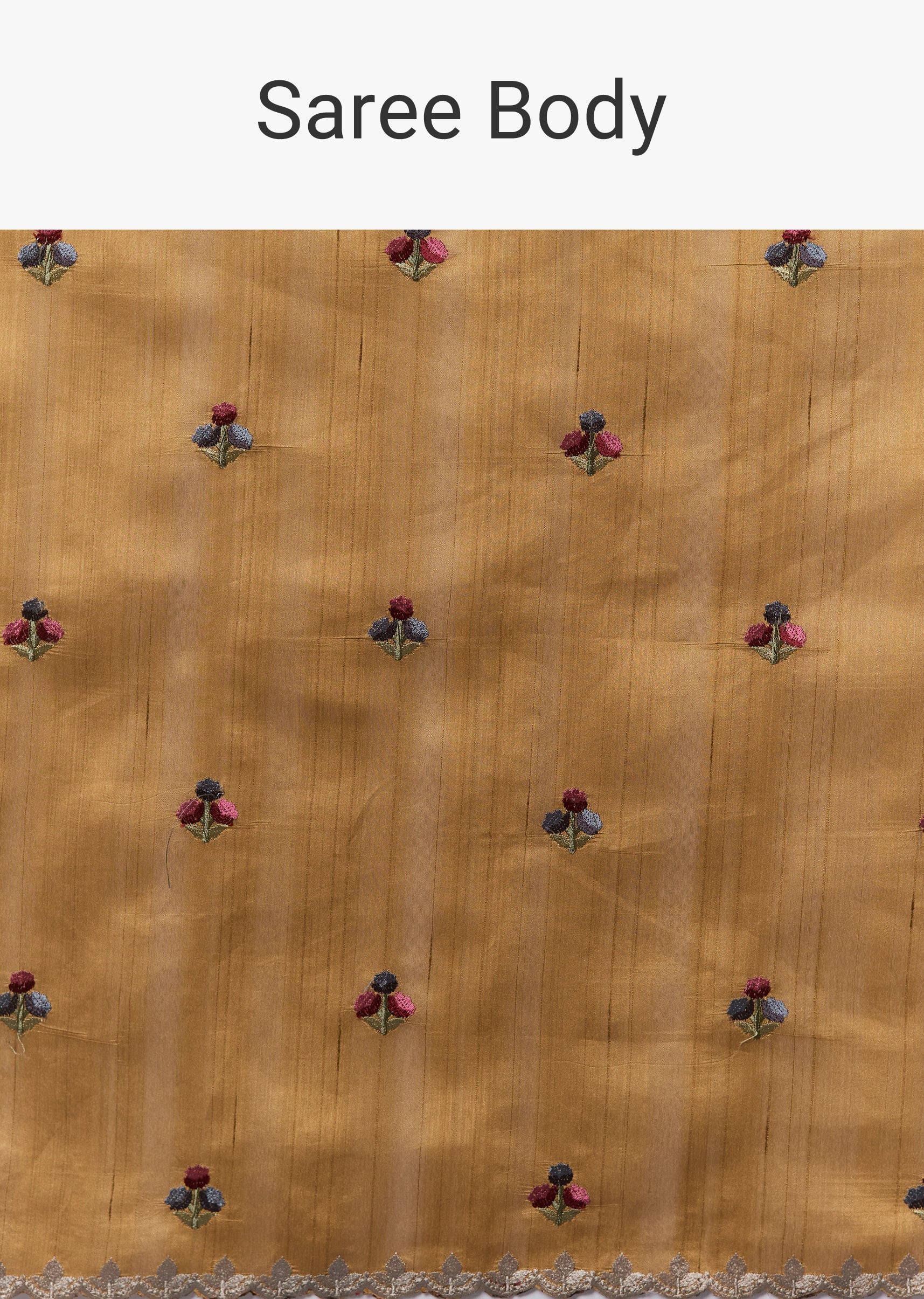 Mustard Yellow Tussar Saree With Scallop Border And Multicolor Floral Embroidery - Image 10