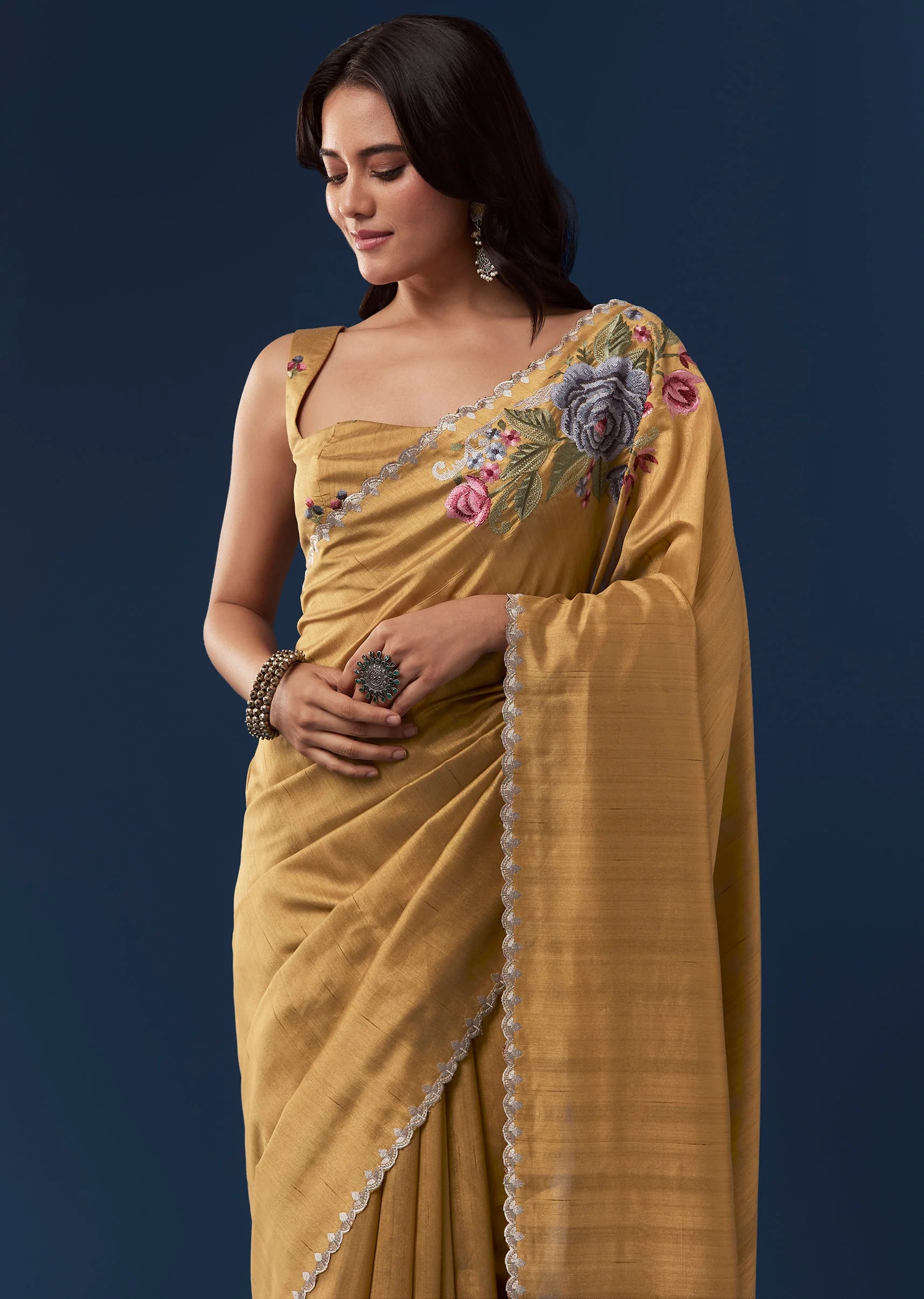 Mustard Yellow Tussar Saree With Scallop Border And Multicolor Floral Embroidery - Image 5