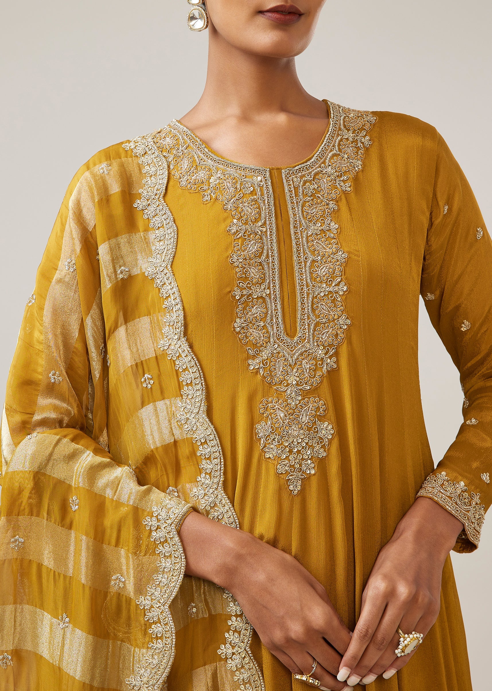 Mustard Yellow Zardozi Chinon Anarkali - Image 2