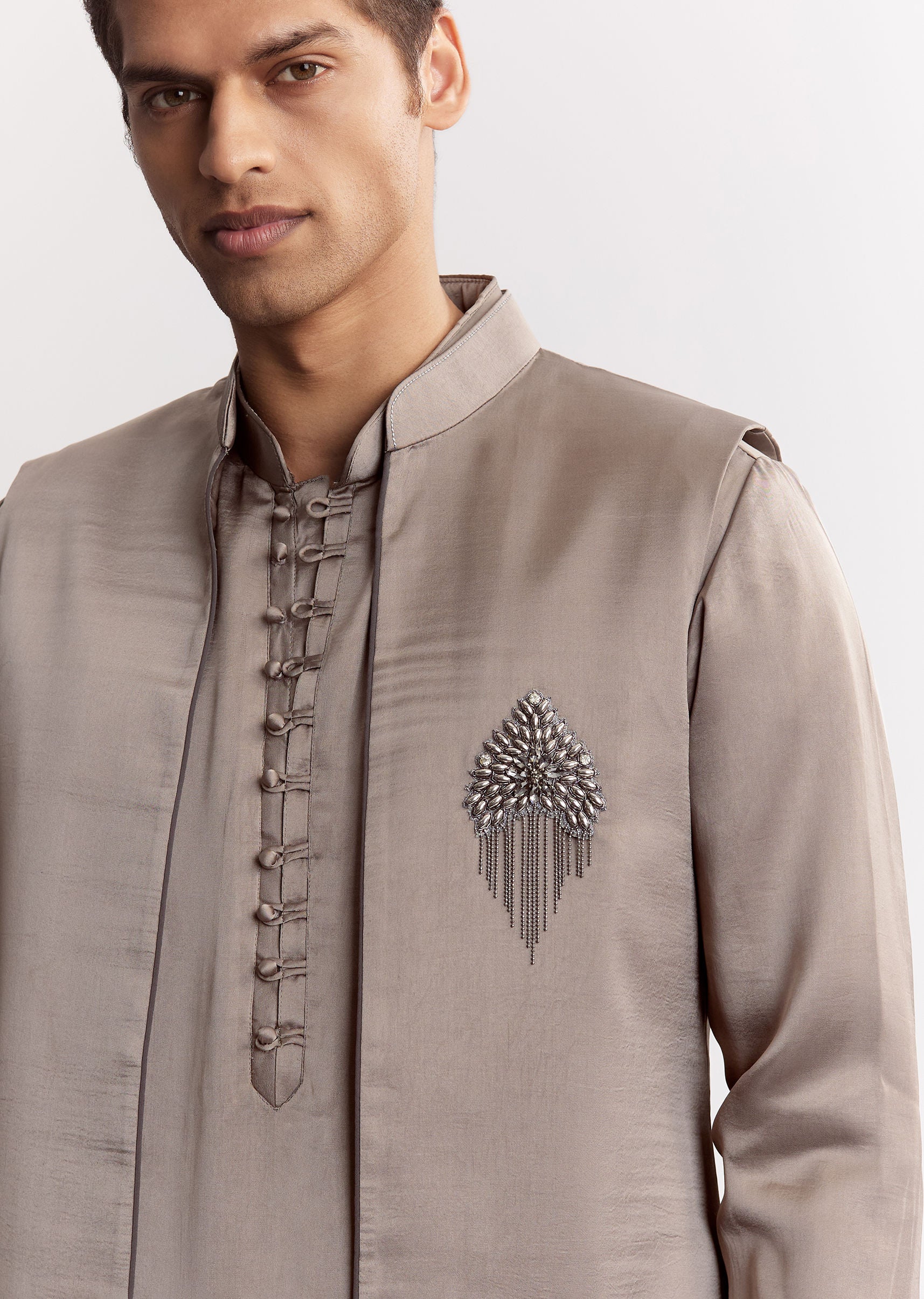 Natural Linen Kurta Jacket Set With Mandarin Collar - Image 3