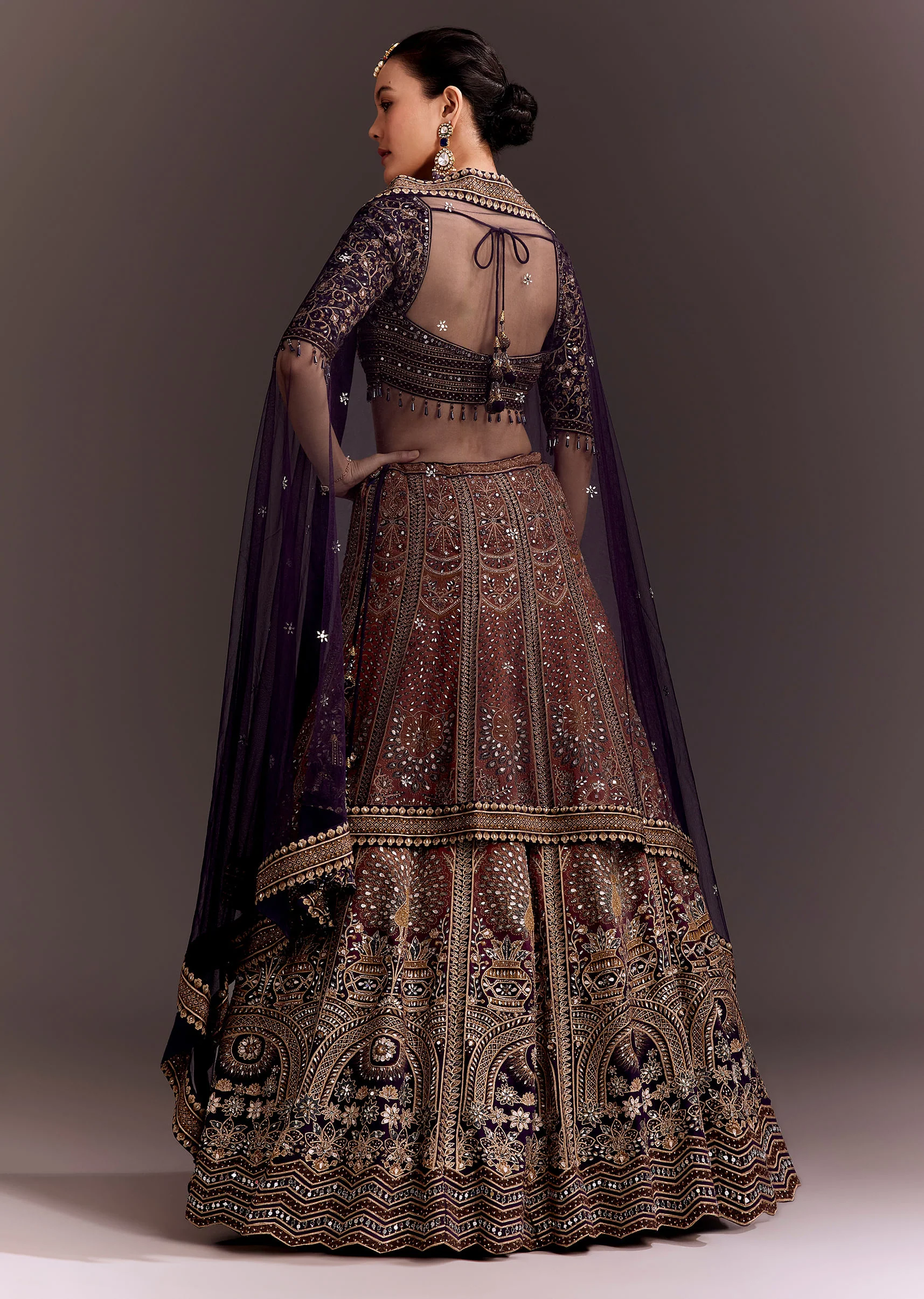 Navy Blue And Orange Zari Embroidered Lehenga Set - Image 5