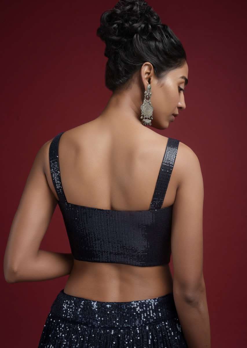 Navy Blue Blouse Embellished In Sequins With Corset Neckline - Image 2
