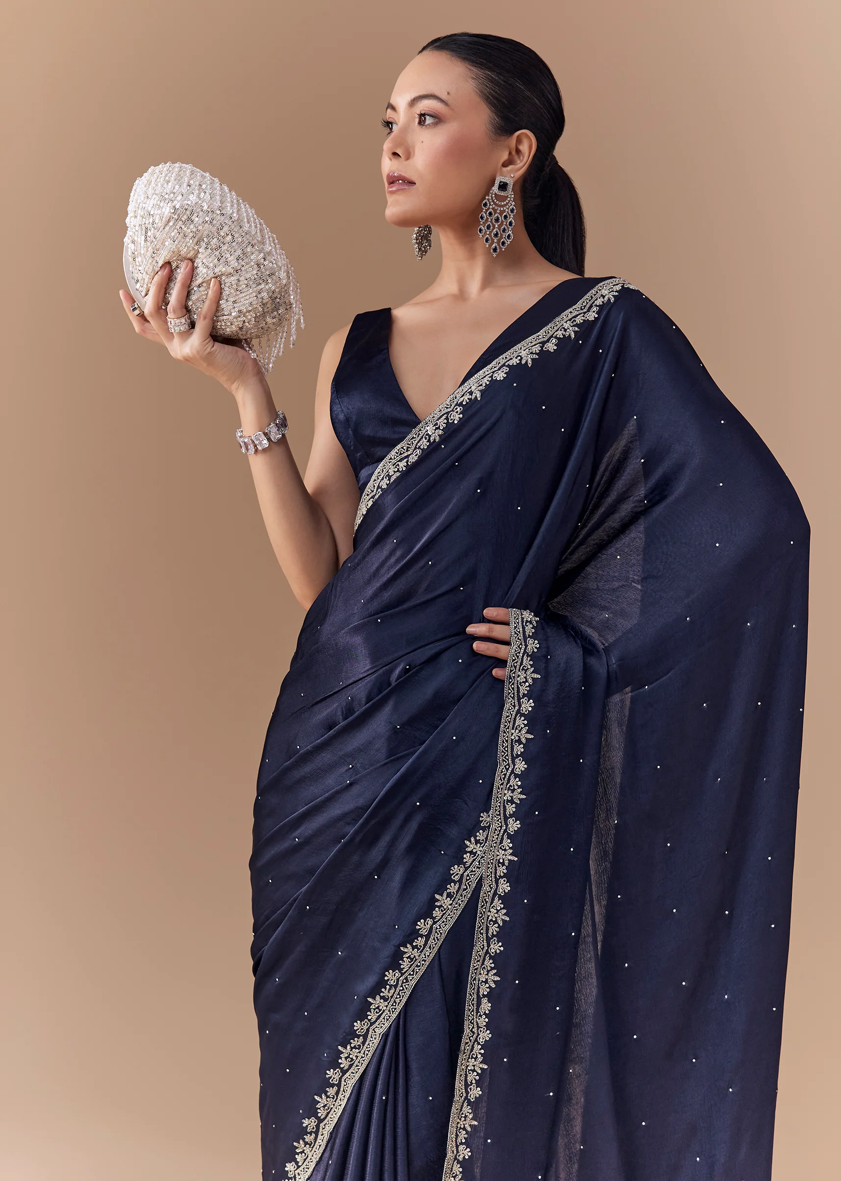 Navy Blue Chinon Embroidered Border Saree with Blouse Fabric - Image 5