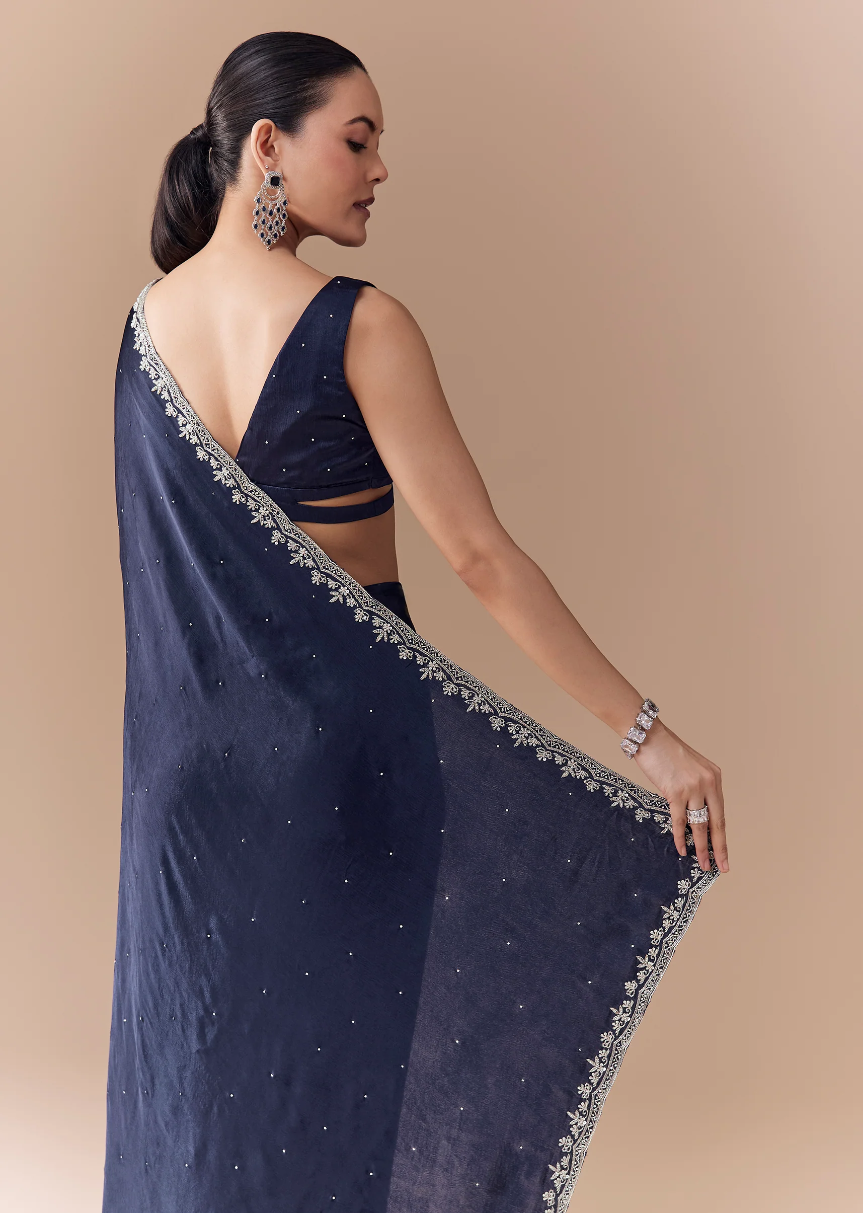 Navy Blue Chinon Embroidered Border Saree with Blouse Fabric - Image 6