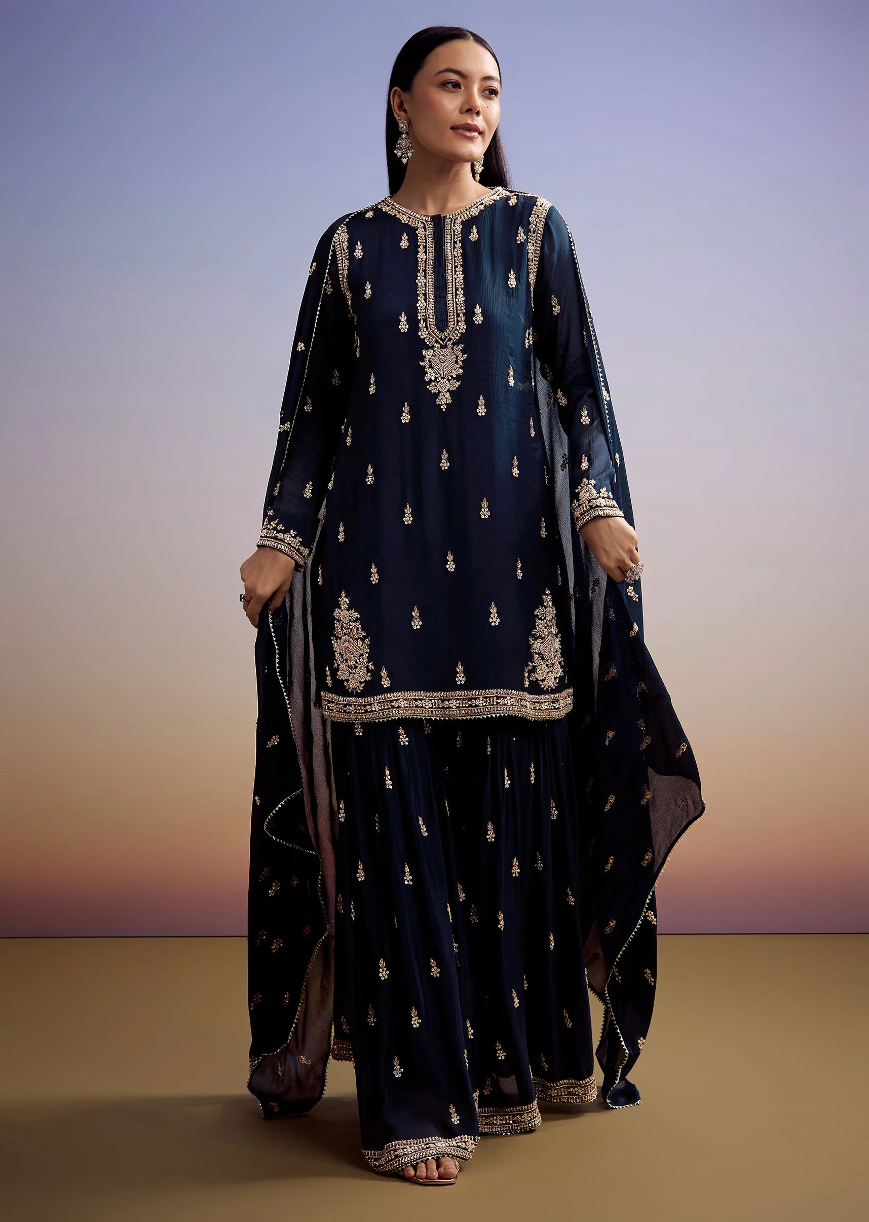 Navy Blue Chinon Sharara Suit With Cut Dana And Sequins Work - Image 3