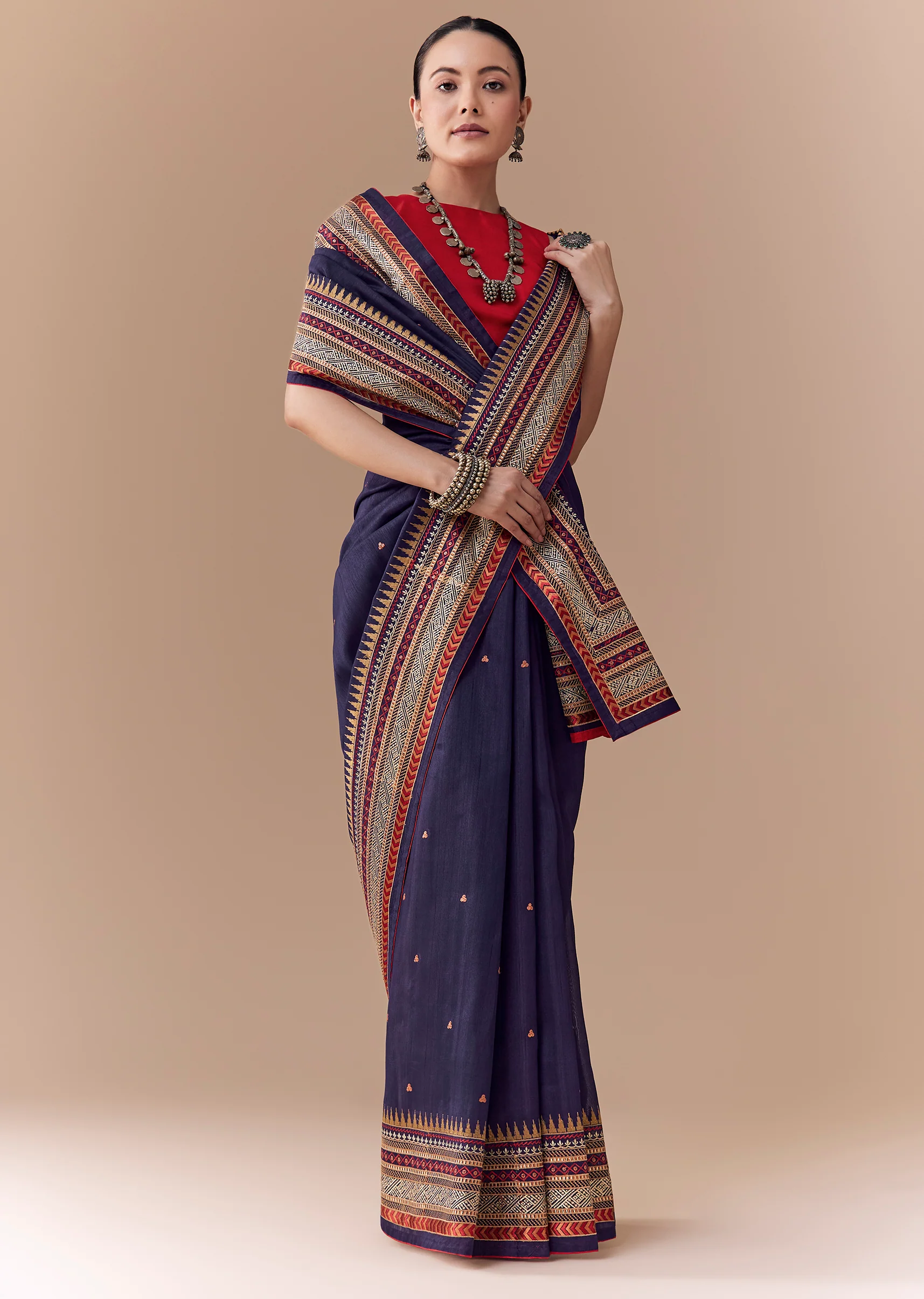 Navy Blue Cotton Linen Woven Saree with Blouse Fabric