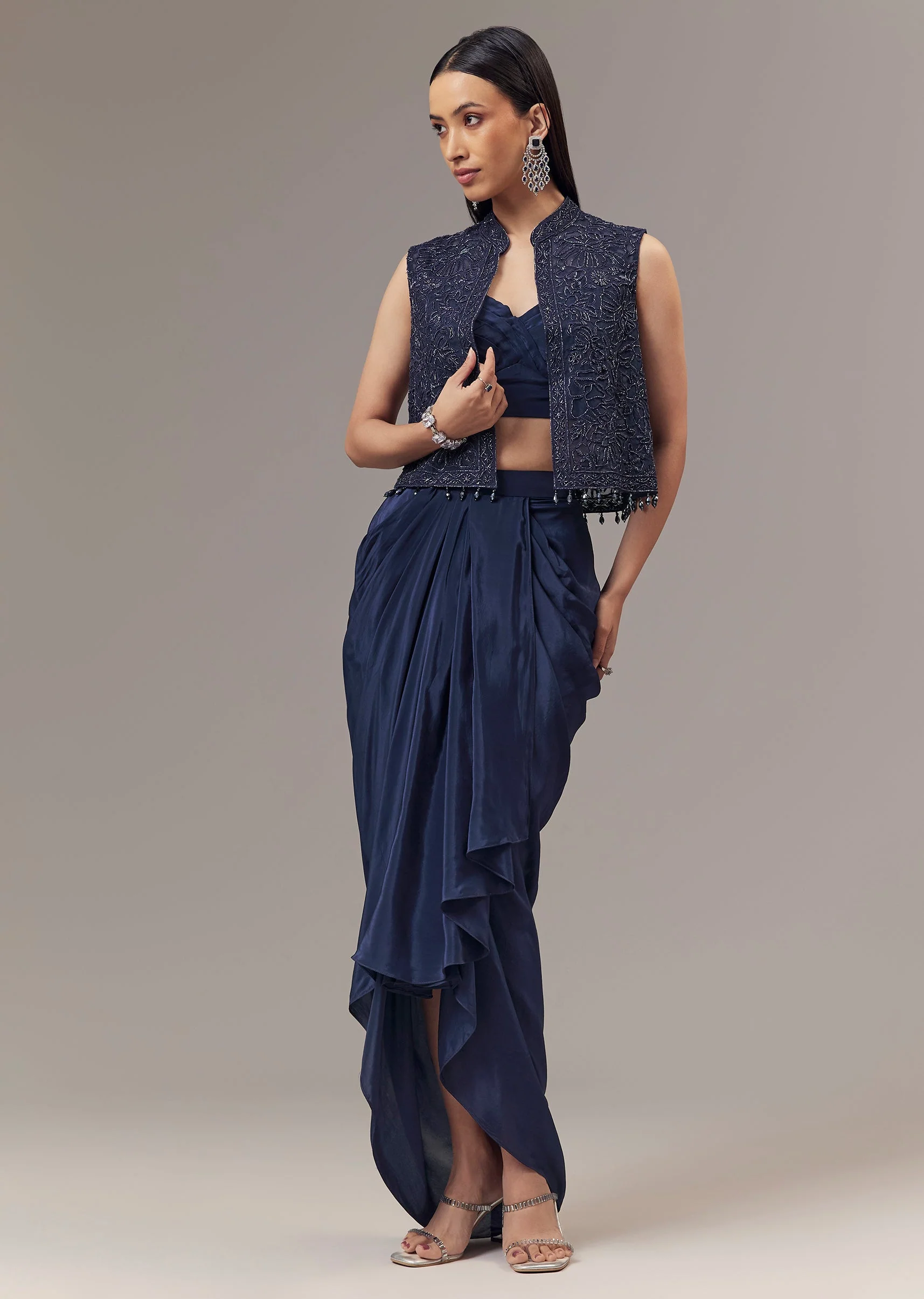 Navy Blue Crepe Indo Western Crop Top And Draped Skirt Set With Embroidered Jacket