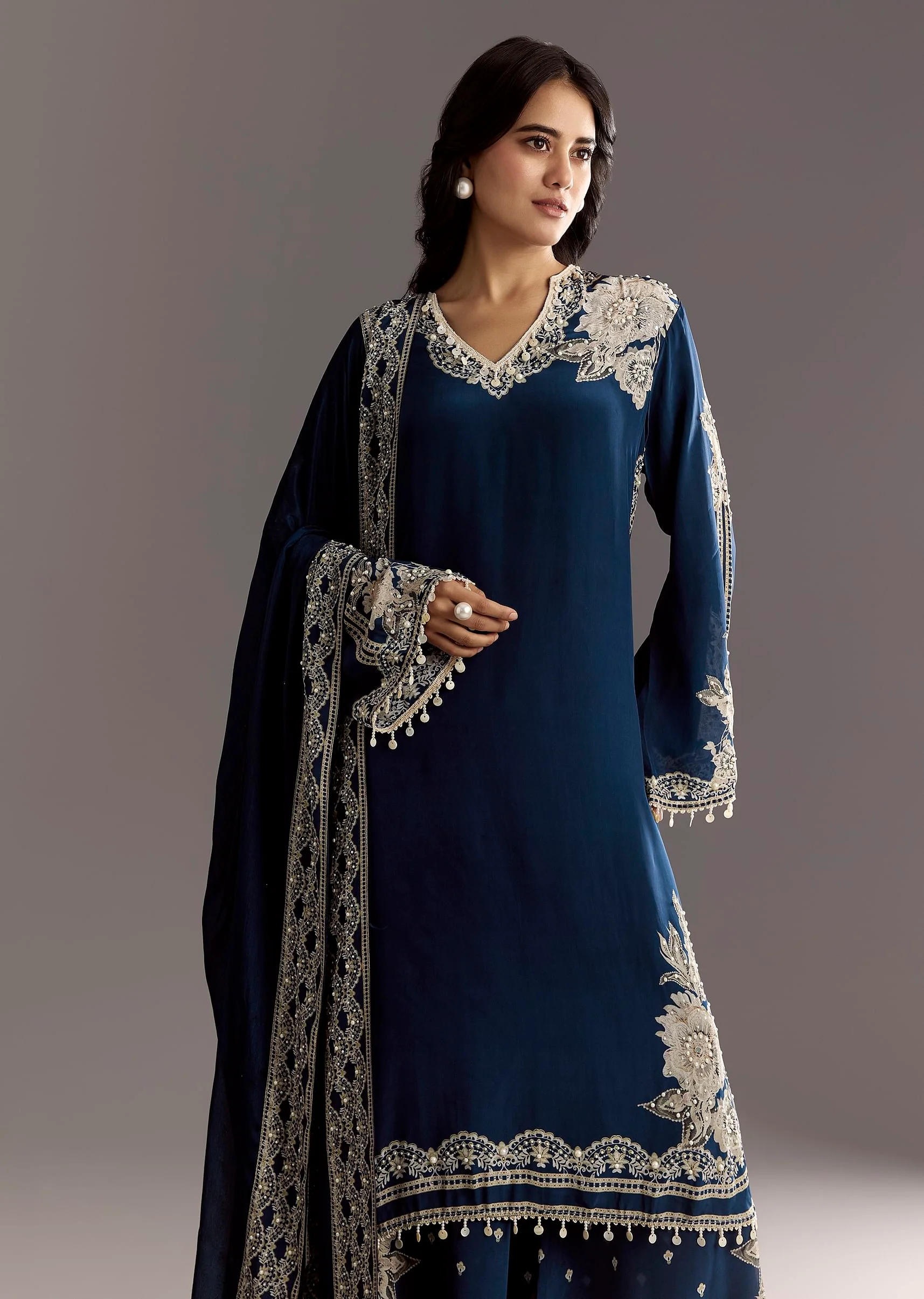 Navy Blue Crepe Moti Work Kurta With Printed Palazzo Dupatta - Image 4