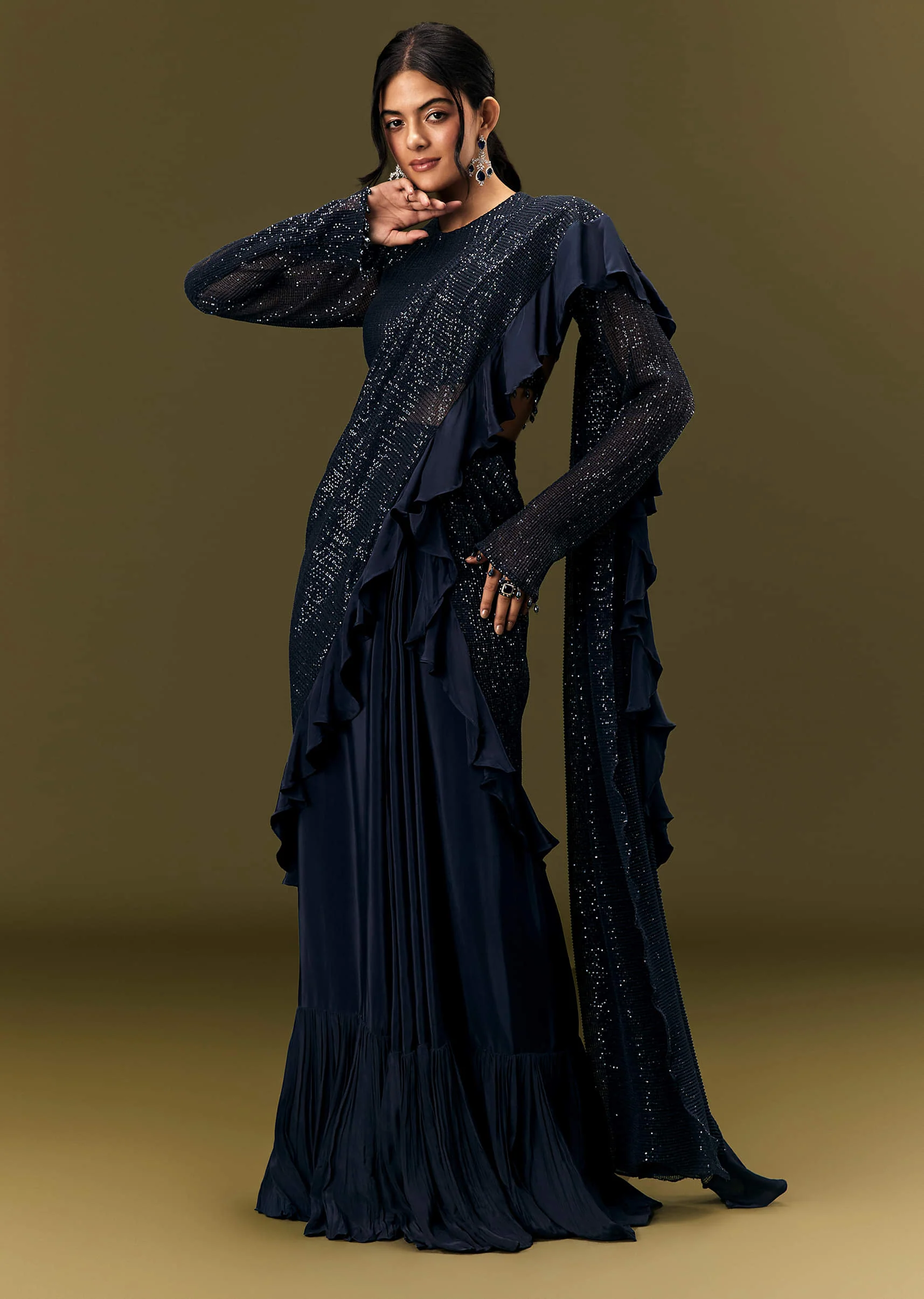 Navy Blue Crepe Ready Pleated Saree With Full Sleeve High Neck Blouse - Image 3