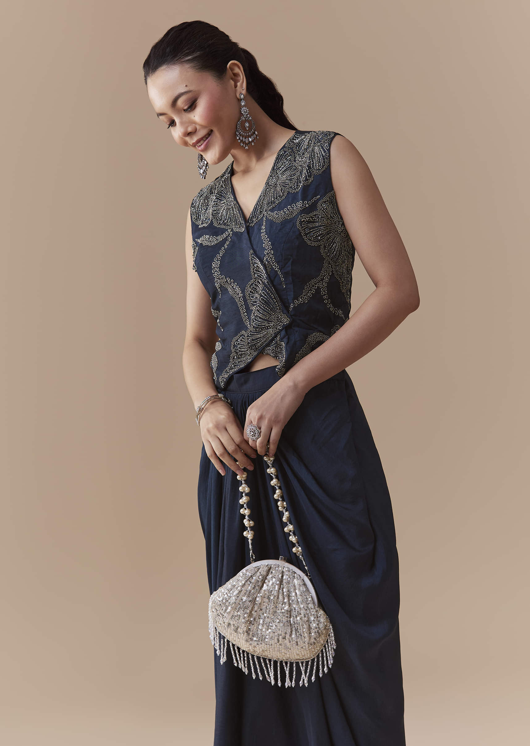 Navy Blue Crop Top and Silk Skirt Set with Cutdana Work - Image 4