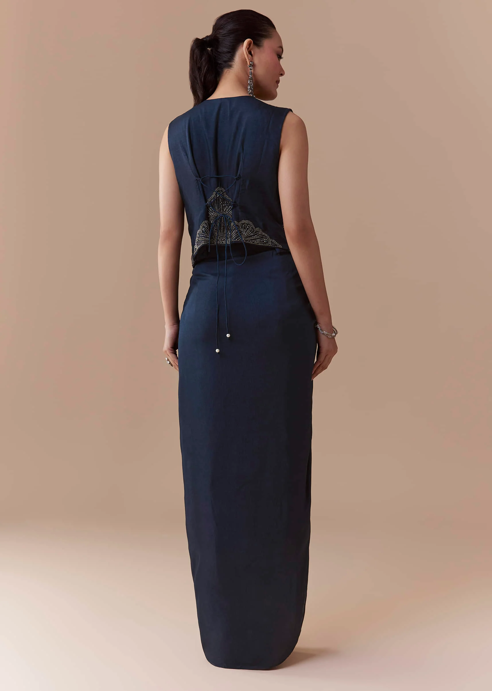 Navy Blue Crop Top and Silk Skirt Set with Cutdana Work - Image 5