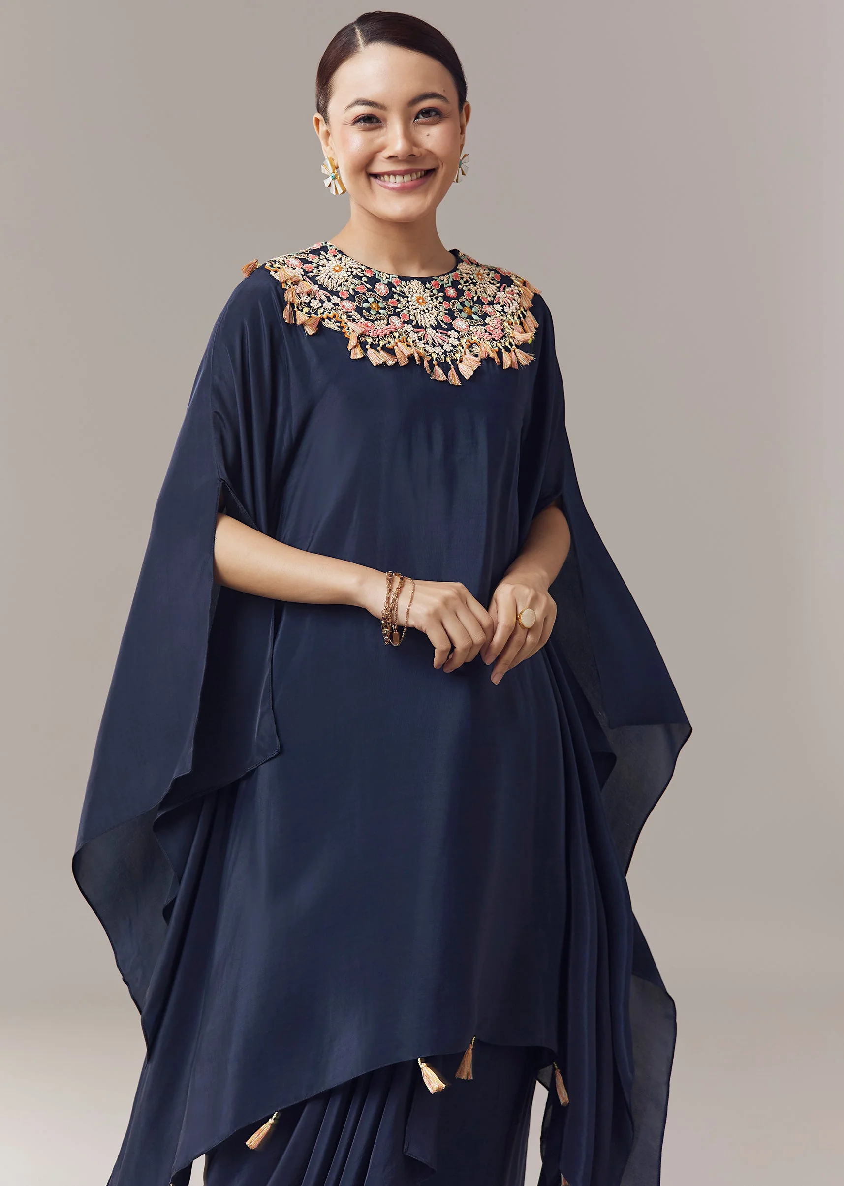 Navy Blue Crop Top And Skirt Set With Zardosi Work - Image 4