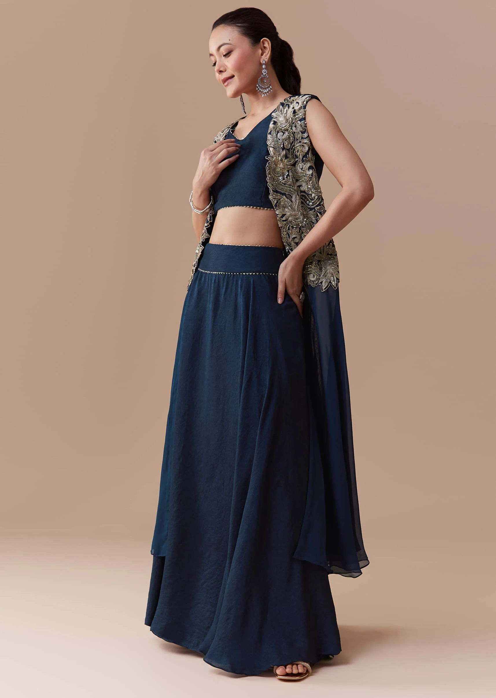 Navy Blue Crop Top Silk Skirt Set with Zari Jacket - Image 3