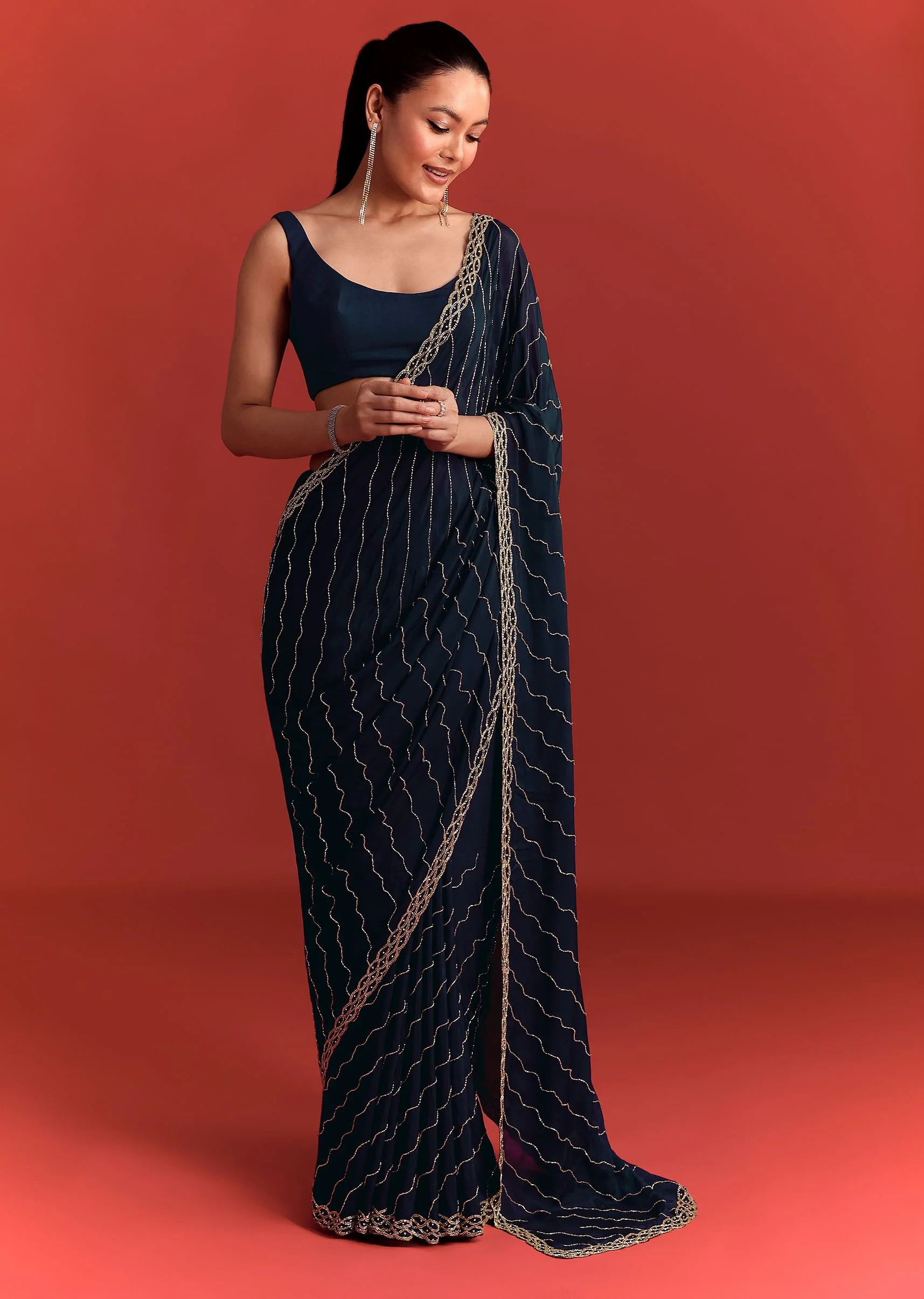Navy Blue Cutdana Work Chinnon Saree - Image 3