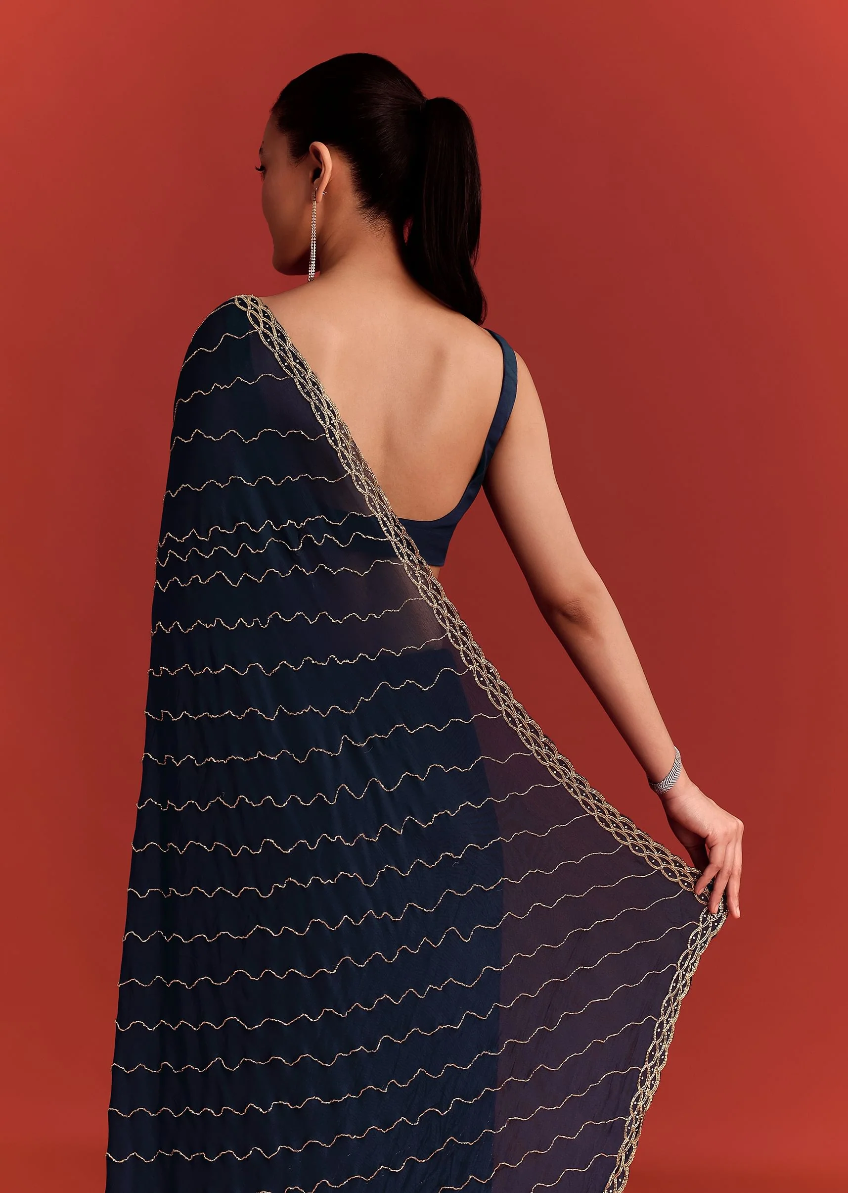 Navy Blue Cutdana Work Chinnon Saree - Image 4