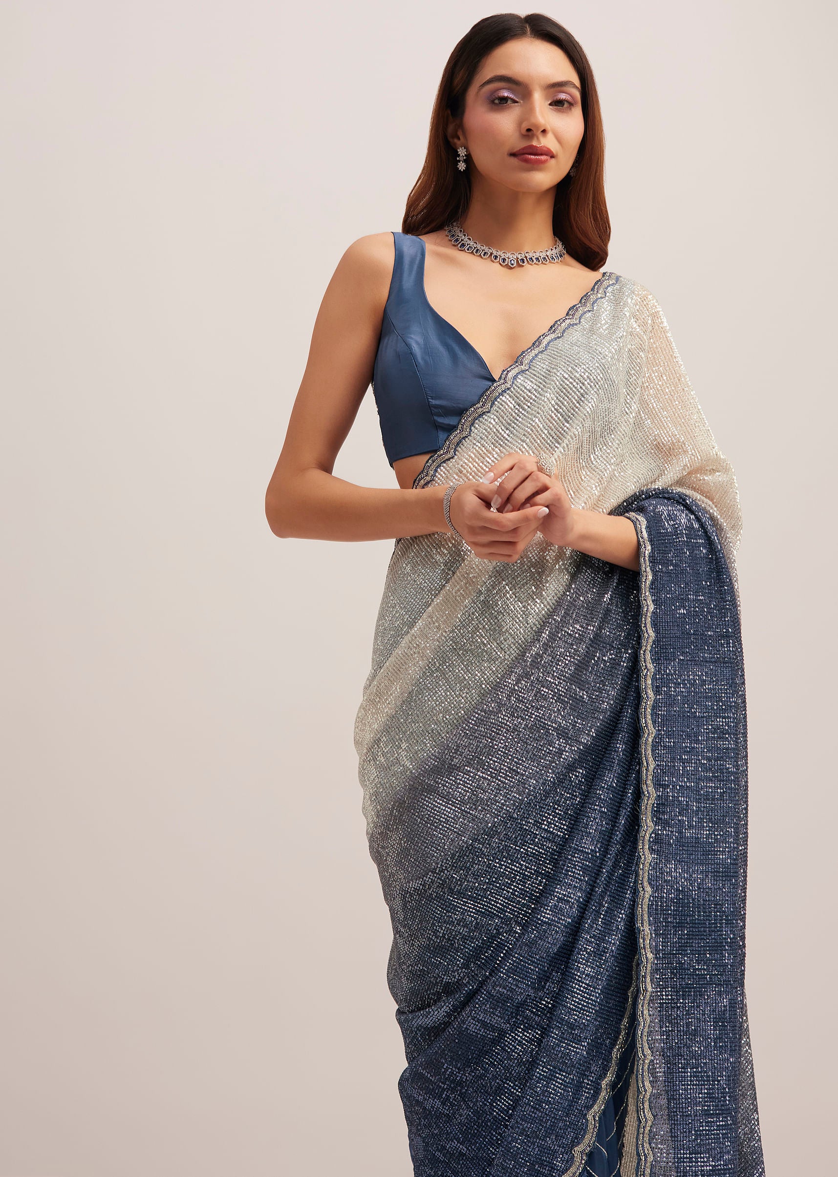 Navy Blue Dual Shaded Sequins Saree With Scalloped Border - Image 2