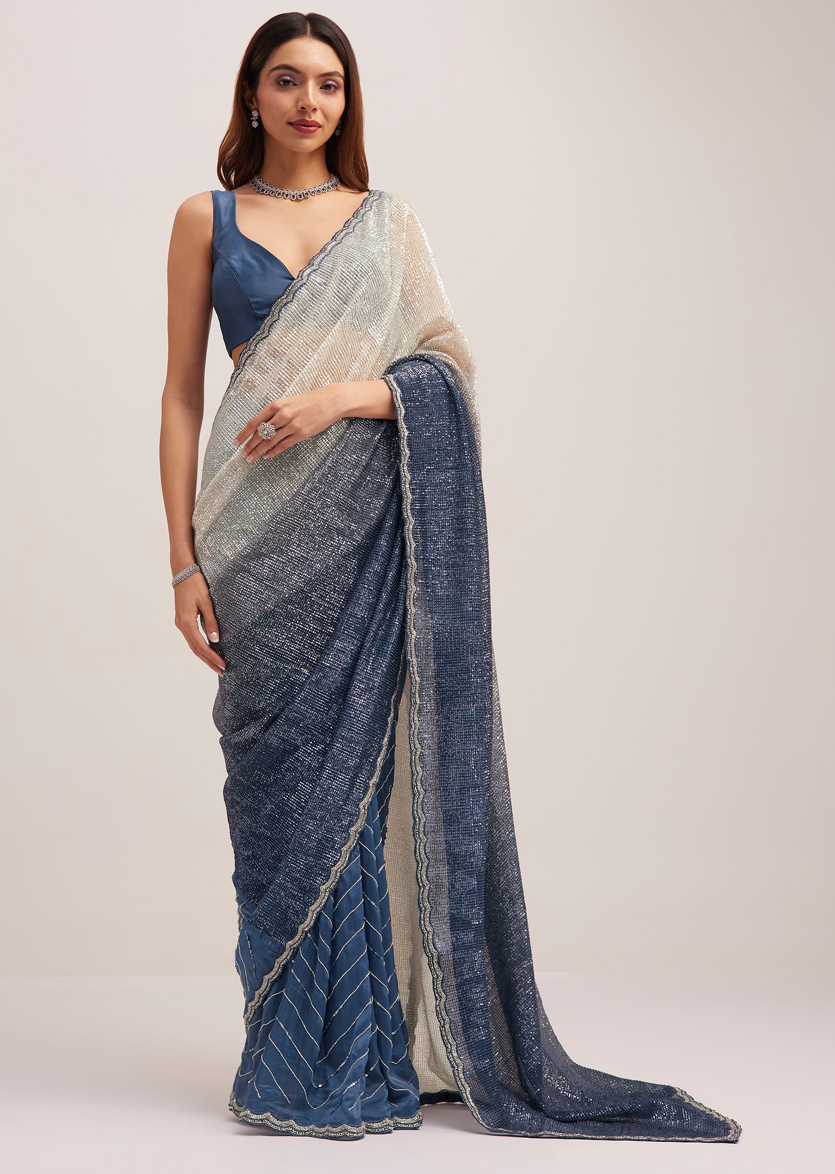Navy Blue Dual Shaded Sequins Saree With Scalloped Border - Image 3