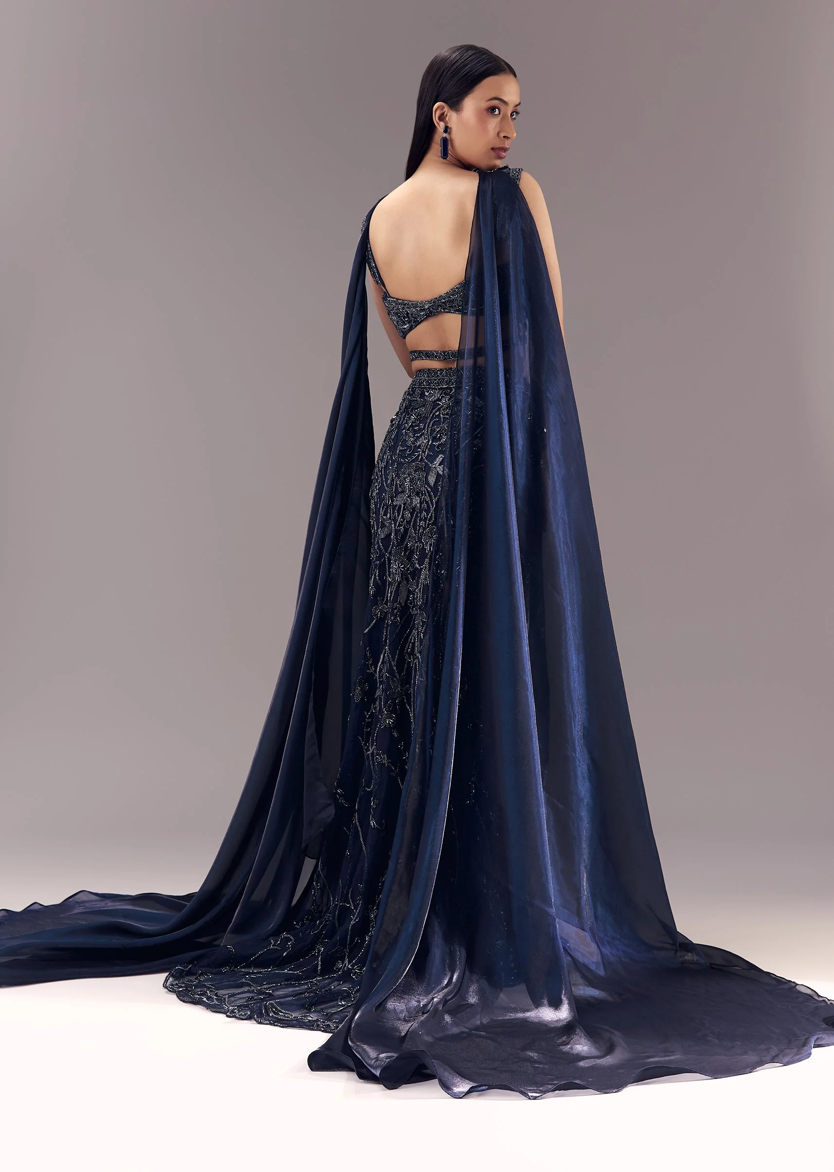 Navy Blue Embellished Fishcut Lehenga Set with Choker Dupatta - Image 2