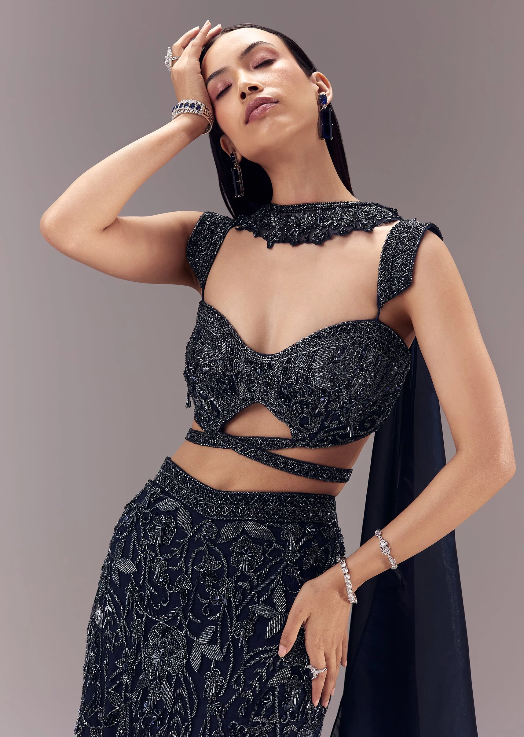 Navy Blue Embellished Fishcut Lehenga Set with Choker Dupatta - Image 3