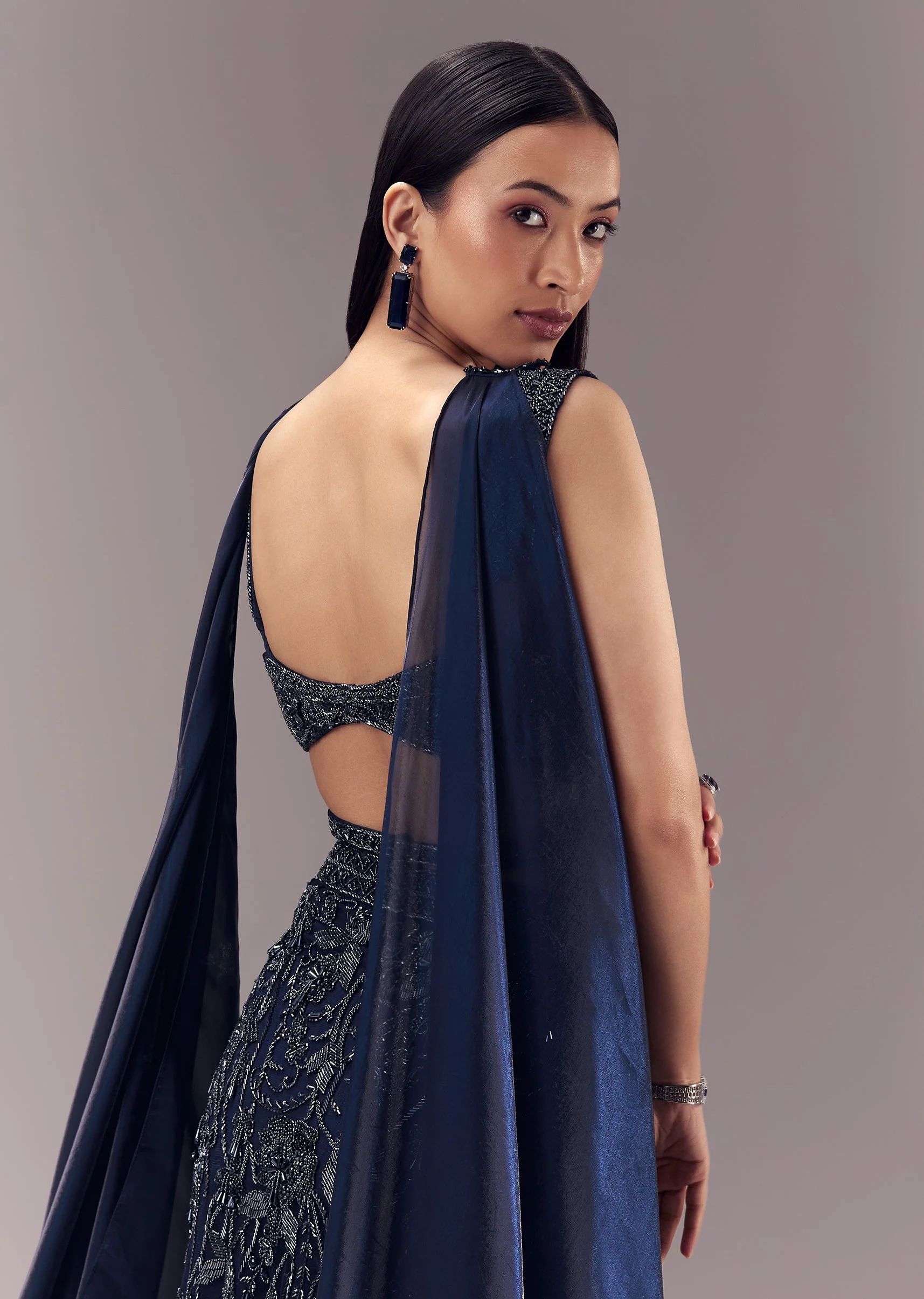 Navy Blue Embellished Fishcut Lehenga Set with Choker Dupatta - Image 5