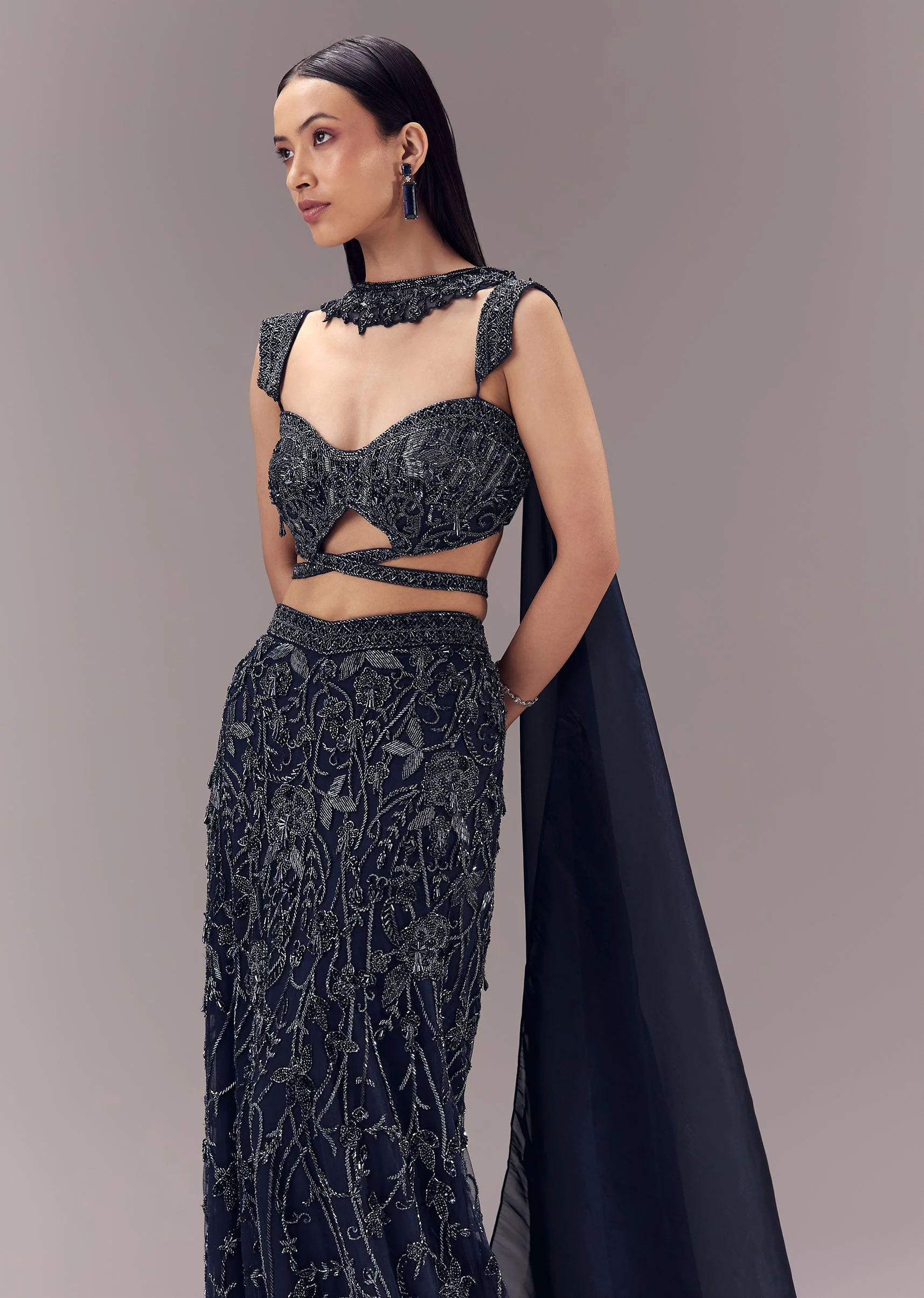 Navy Blue Embellished Fishcut Lehenga Set with Choker Dupatta - Image 6