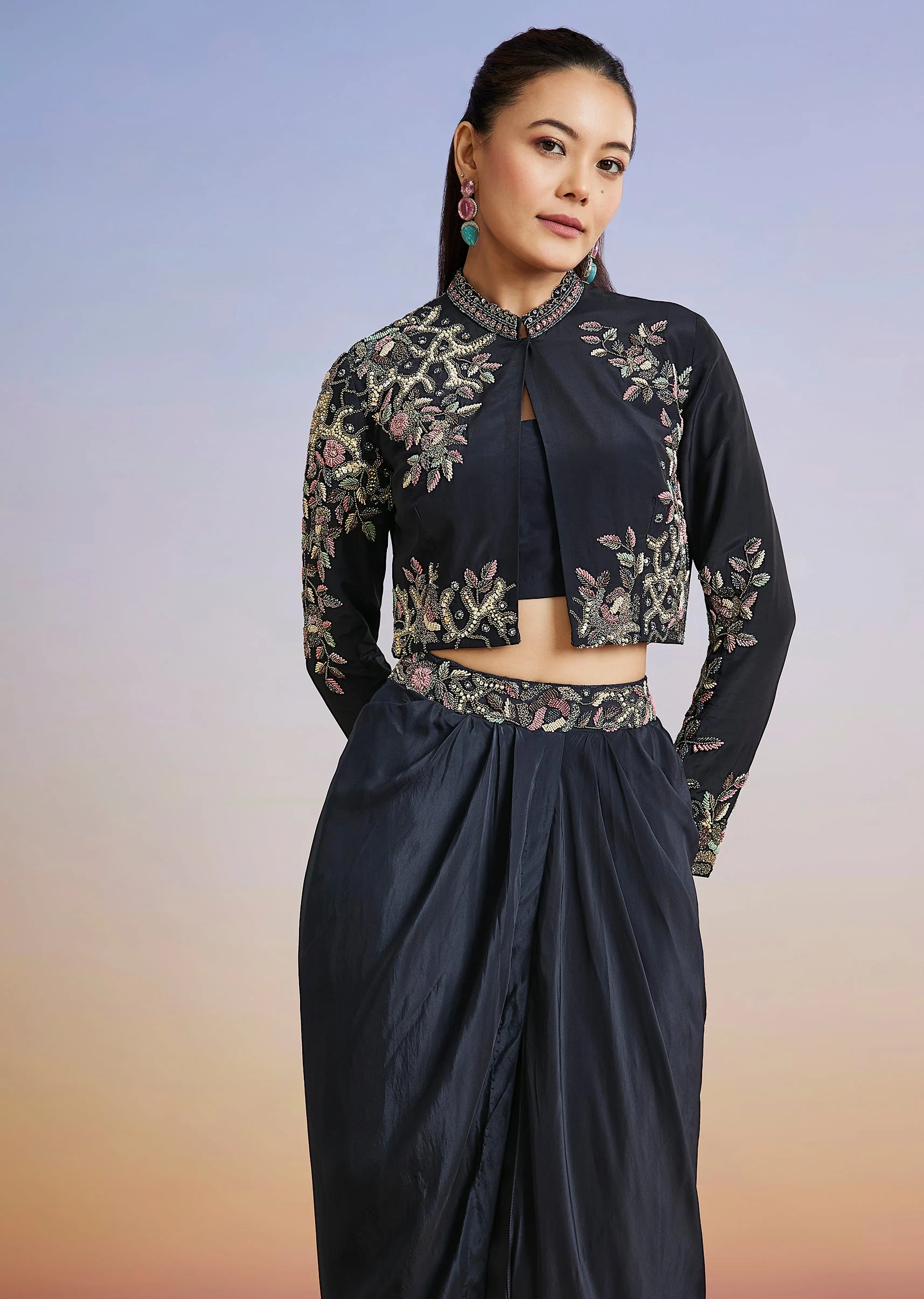 Navy Blue Embellished Jacket Style Crop Top Skirt Set - Image 4