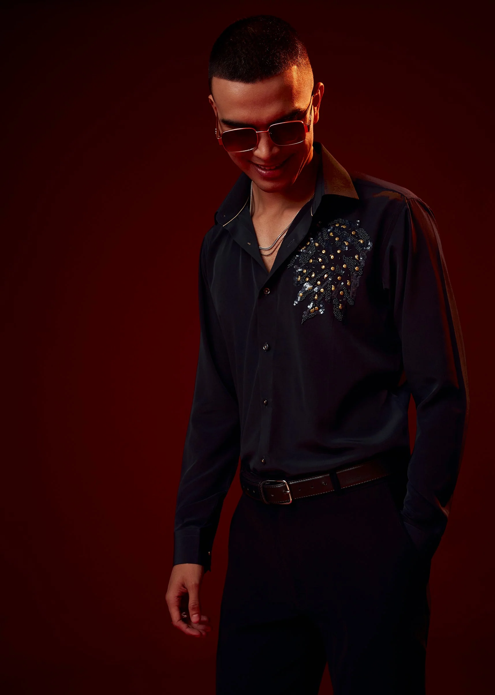 Navy Blue Embellished Polyester Party Shirt - Image 3