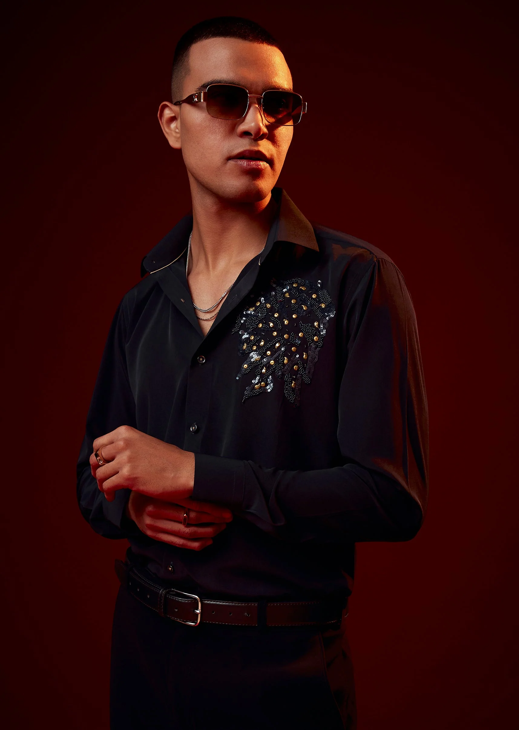 Navy Blue Embellished Polyester Party Shirt - Image 4