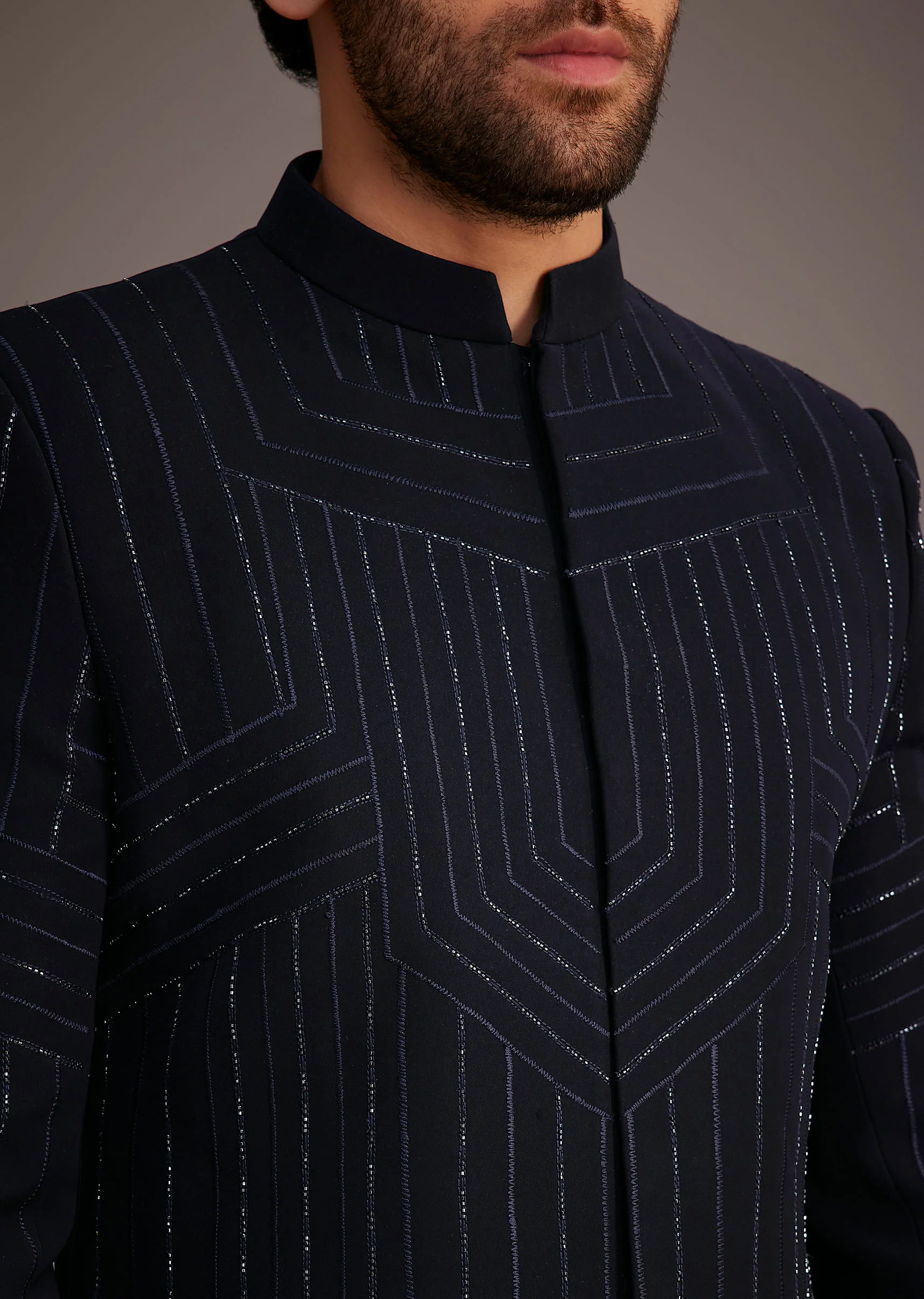 Navy Blue Embroidered Bandhgala Suit - Image 3