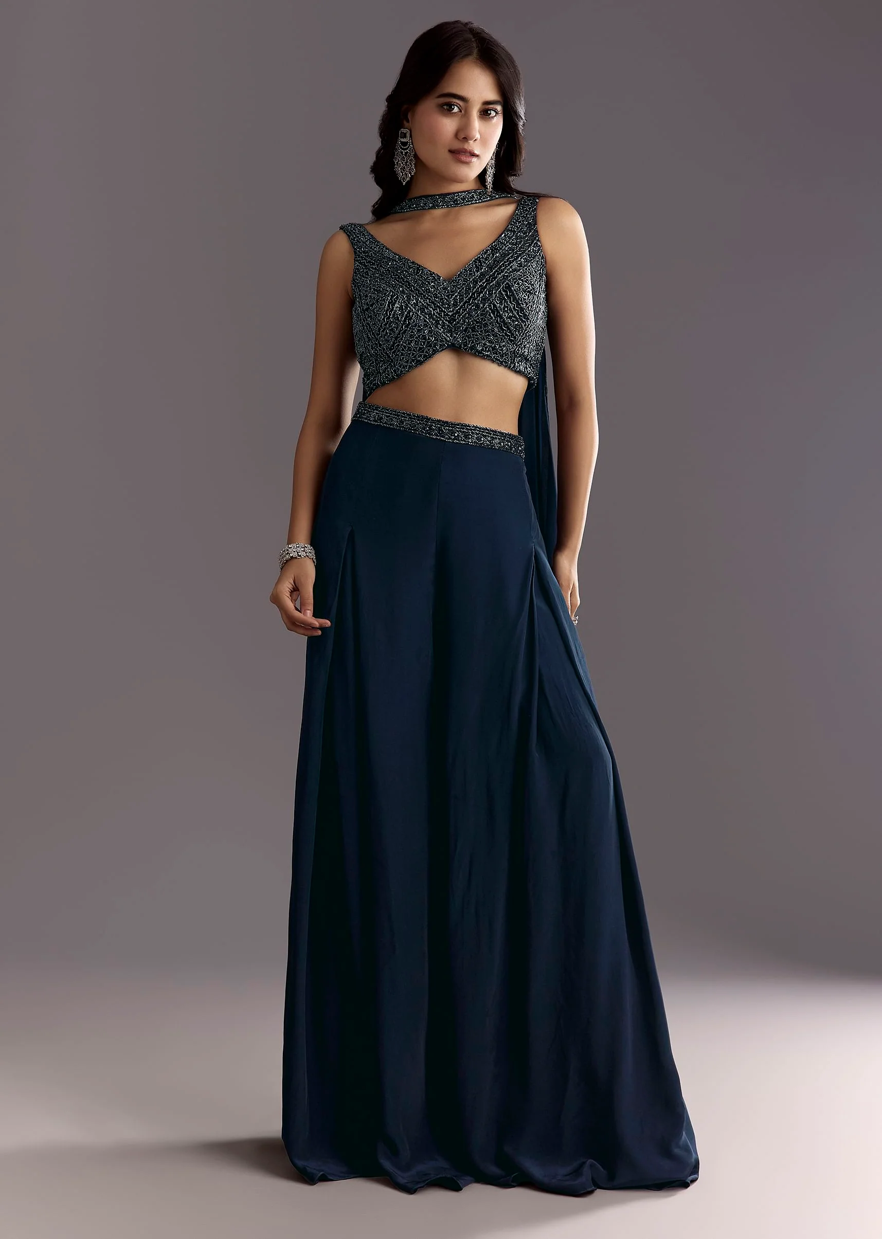 Navy Blue Embroidered Croptop Palazzo With Choker Dupatta - Image 3