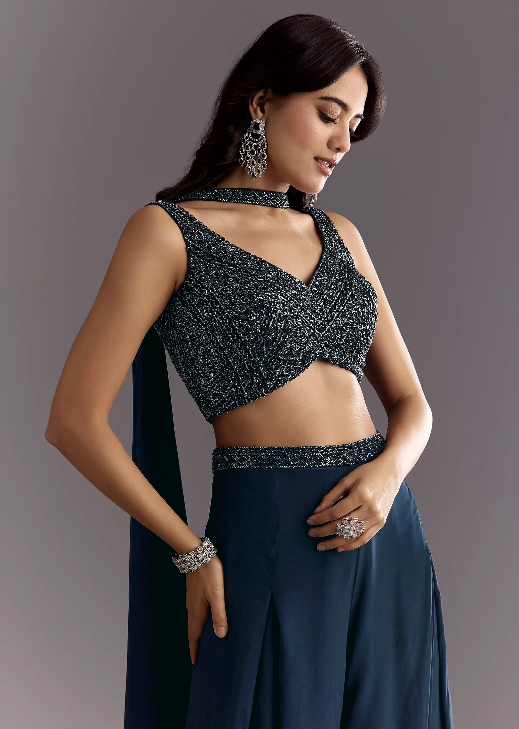Navy Blue Embroidered Croptop Palazzo With Choker Dupatta - Image 4