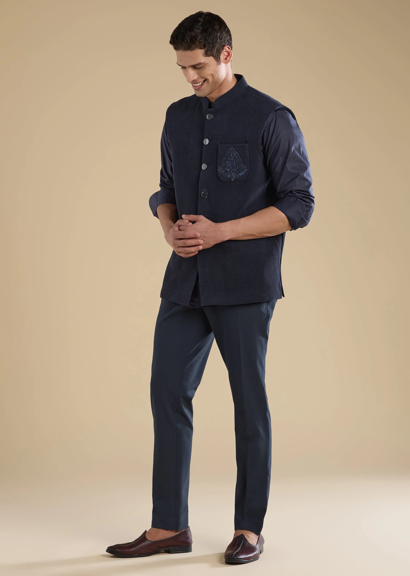 Navy Blue Embroidered Jacket Kurta - Image 2