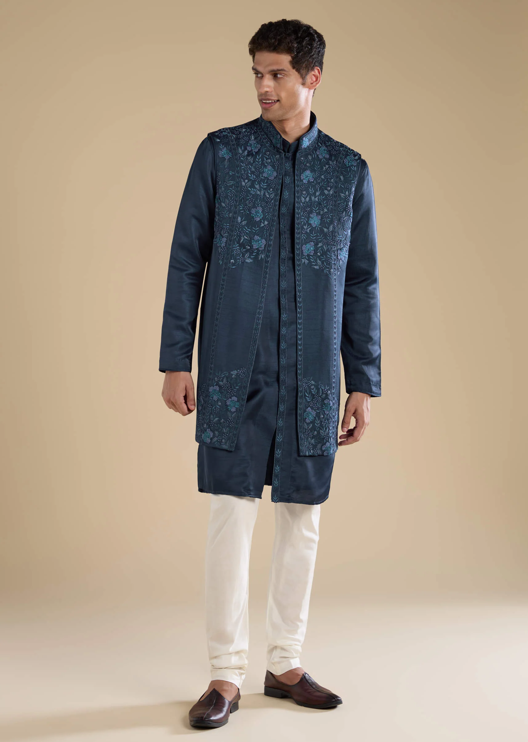Navy Blue Embroidered Mens Jacket Kurta and Pant Set - Image 3
