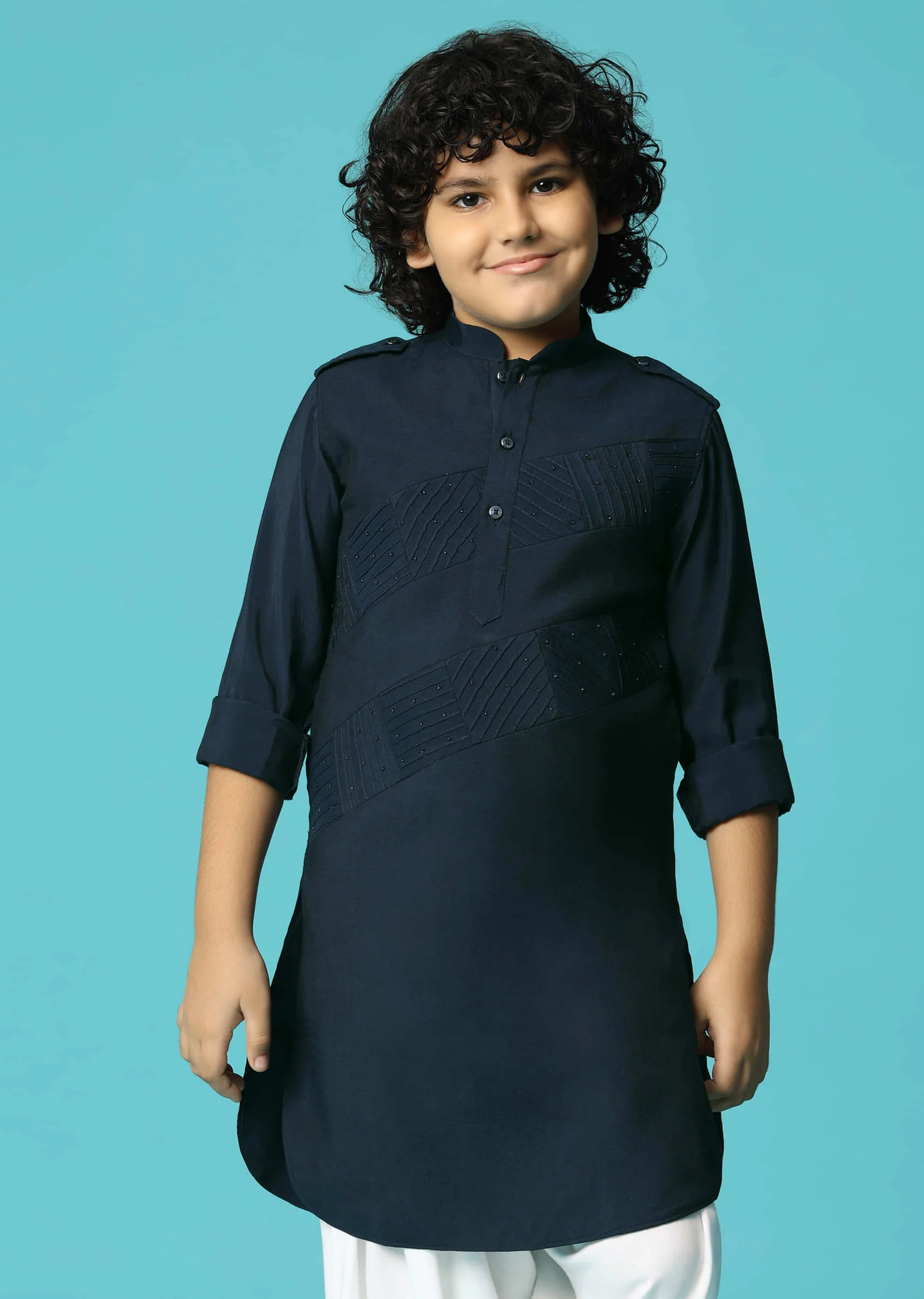 Navy Blue Embroidered Silk Kurta Pant For Boys - Image 2