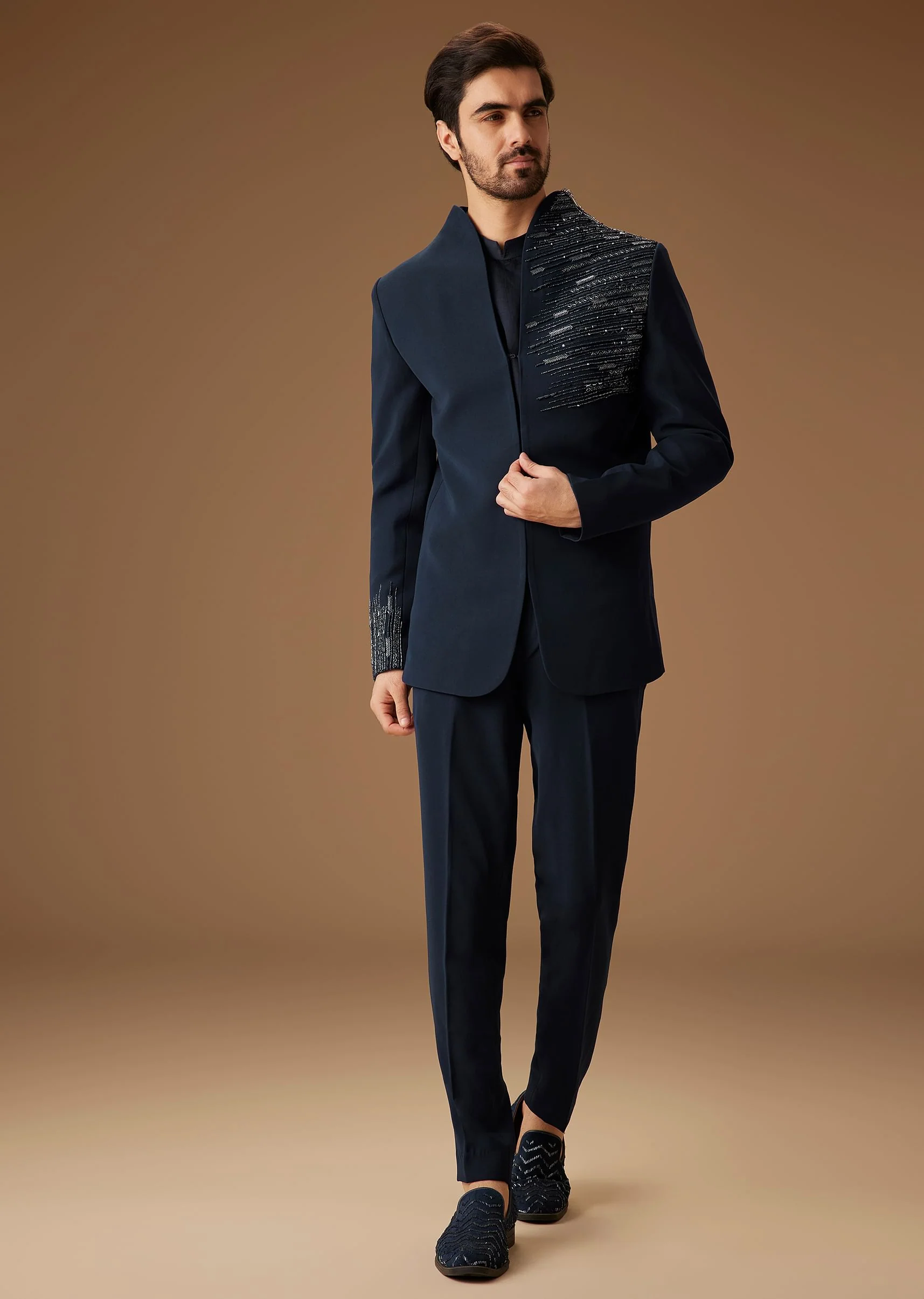 Navy Blue Embroidered Tuxedo Set - Image 5