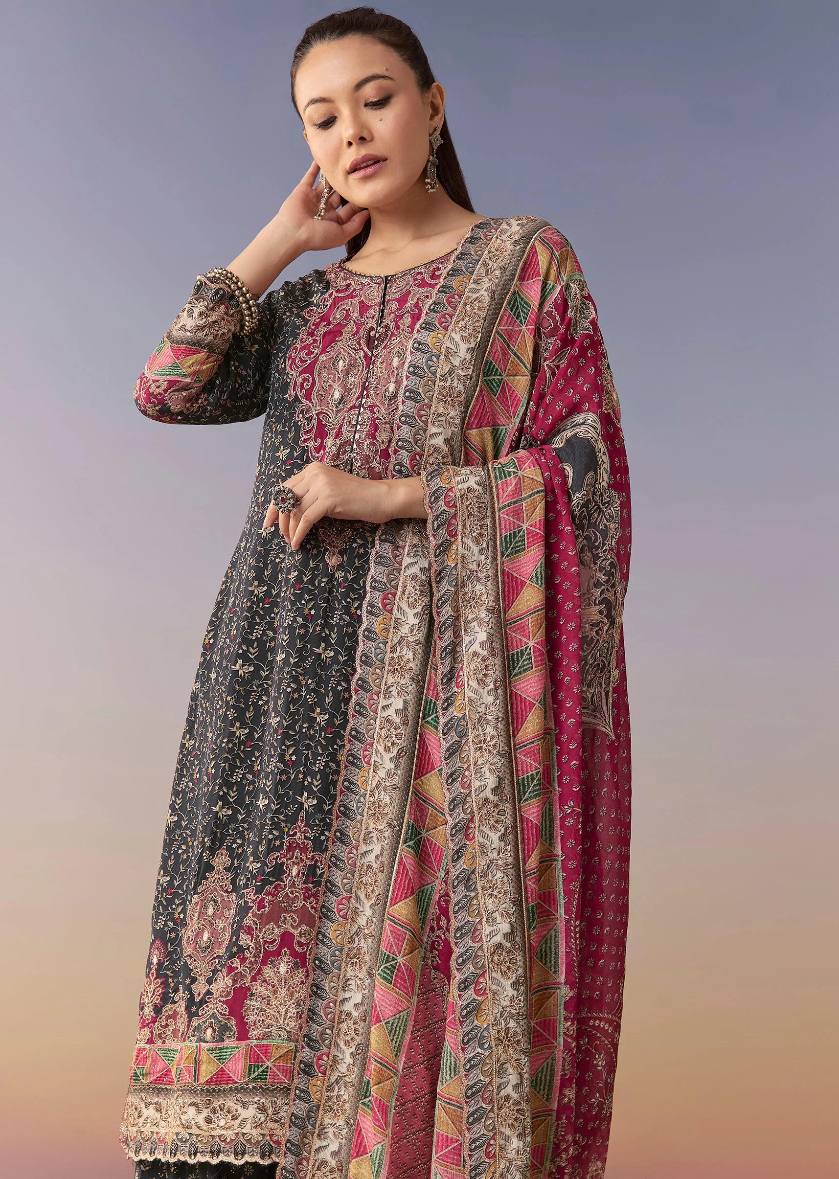 Navy Blue Floral Sharara Suit Set With Dupatta - Image 4