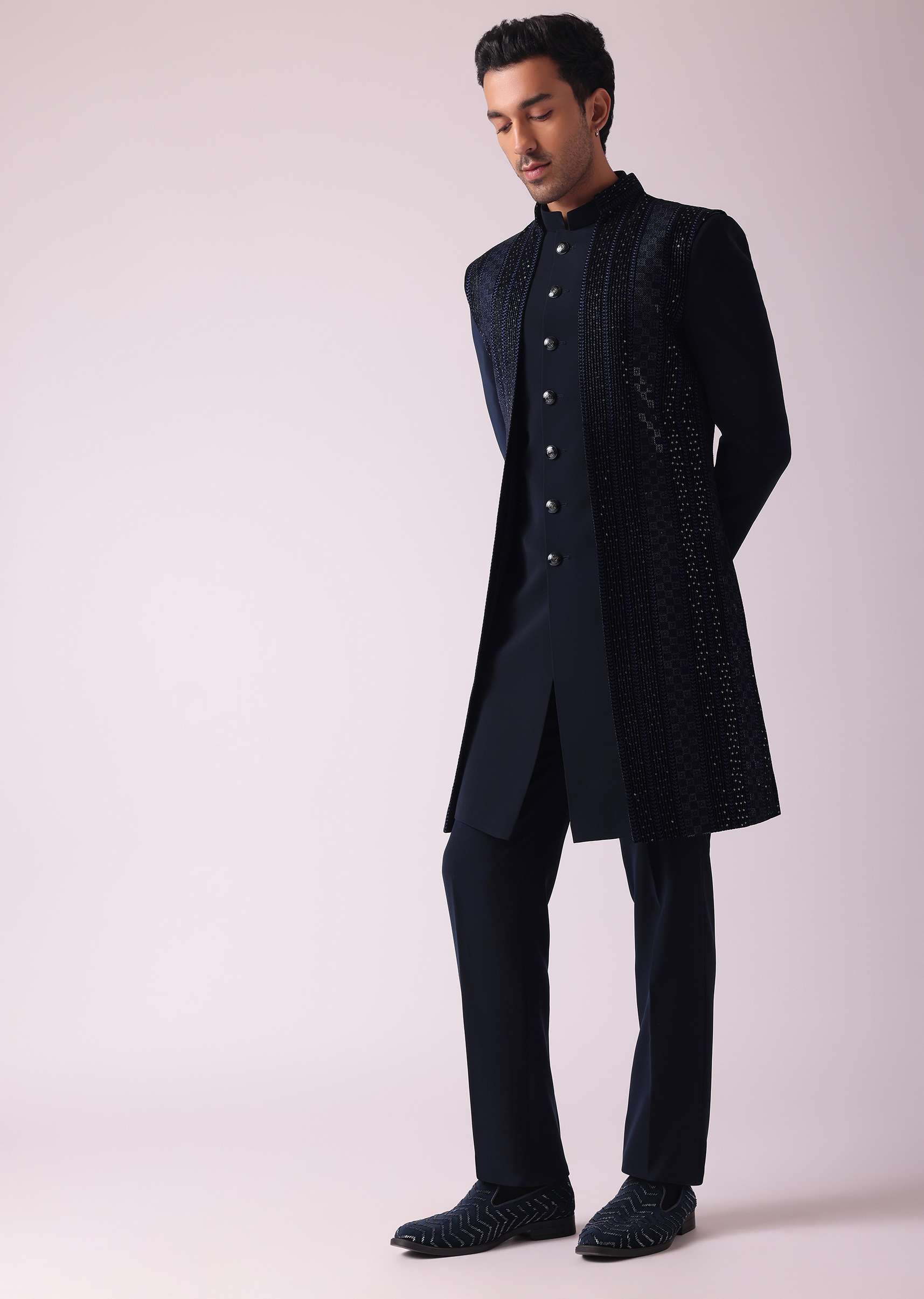 Navy Blue Geometric Patterned Achkan Style Indo Western Set