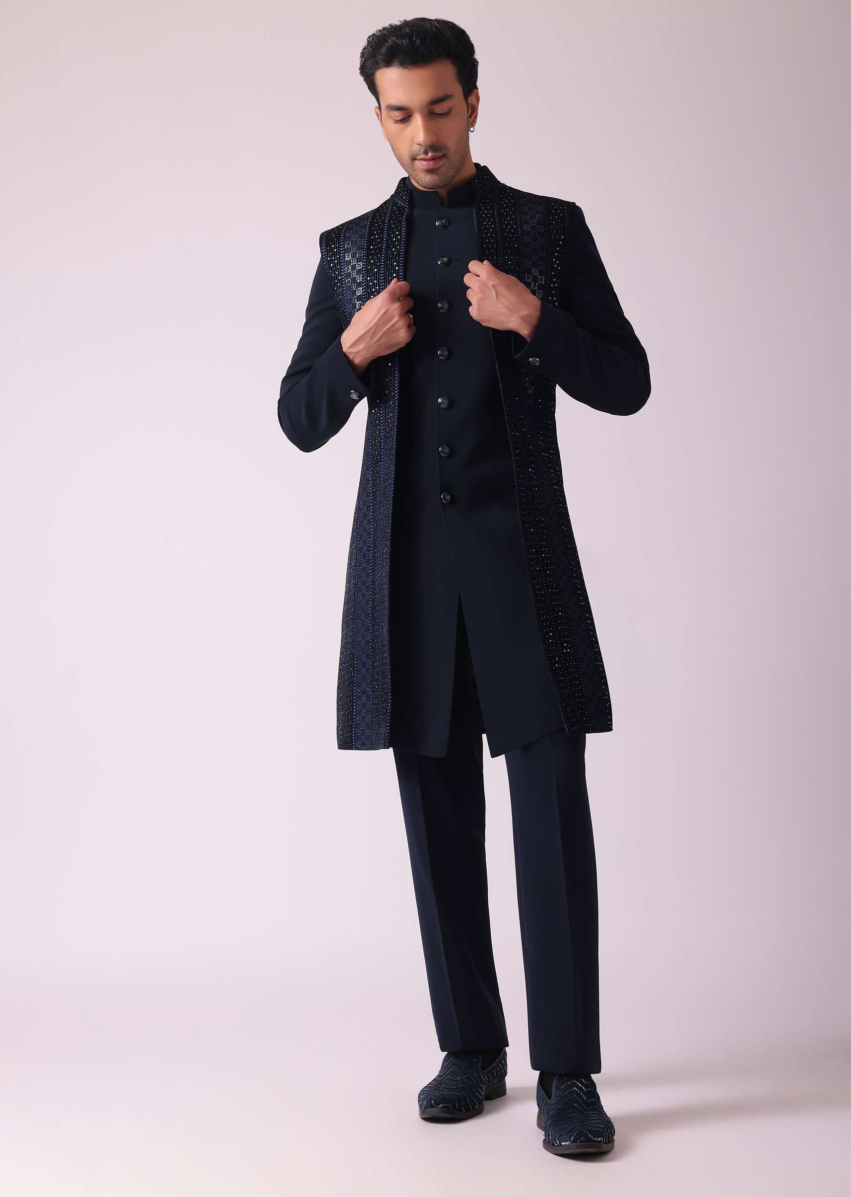 Navy Blue Geometric Patterned Achkan Style Indo Western Set - Image 3