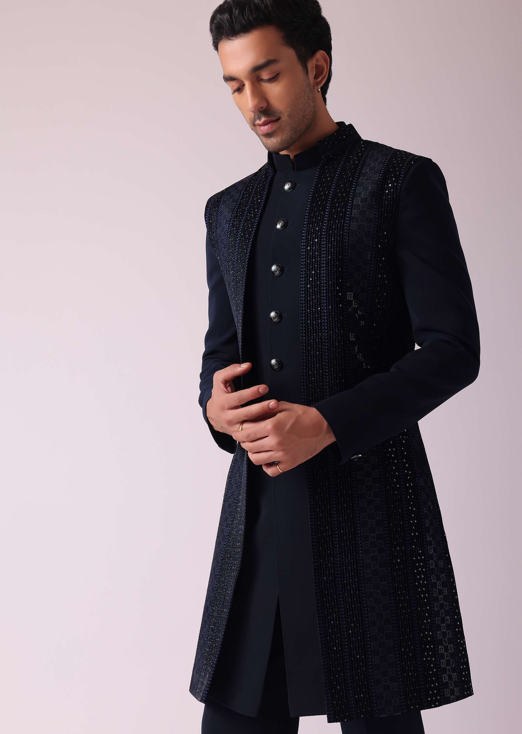 Navy Blue Geometric Patterned Achkan Style Indo Western Set - Image 4