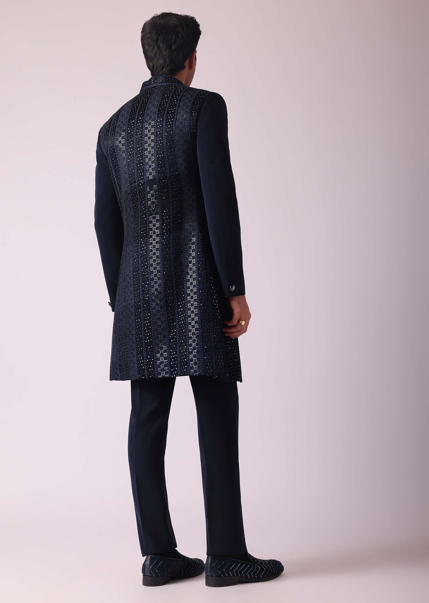 Navy Blue Geometric Patterned Achkan Style Indo Western Set - Image 5