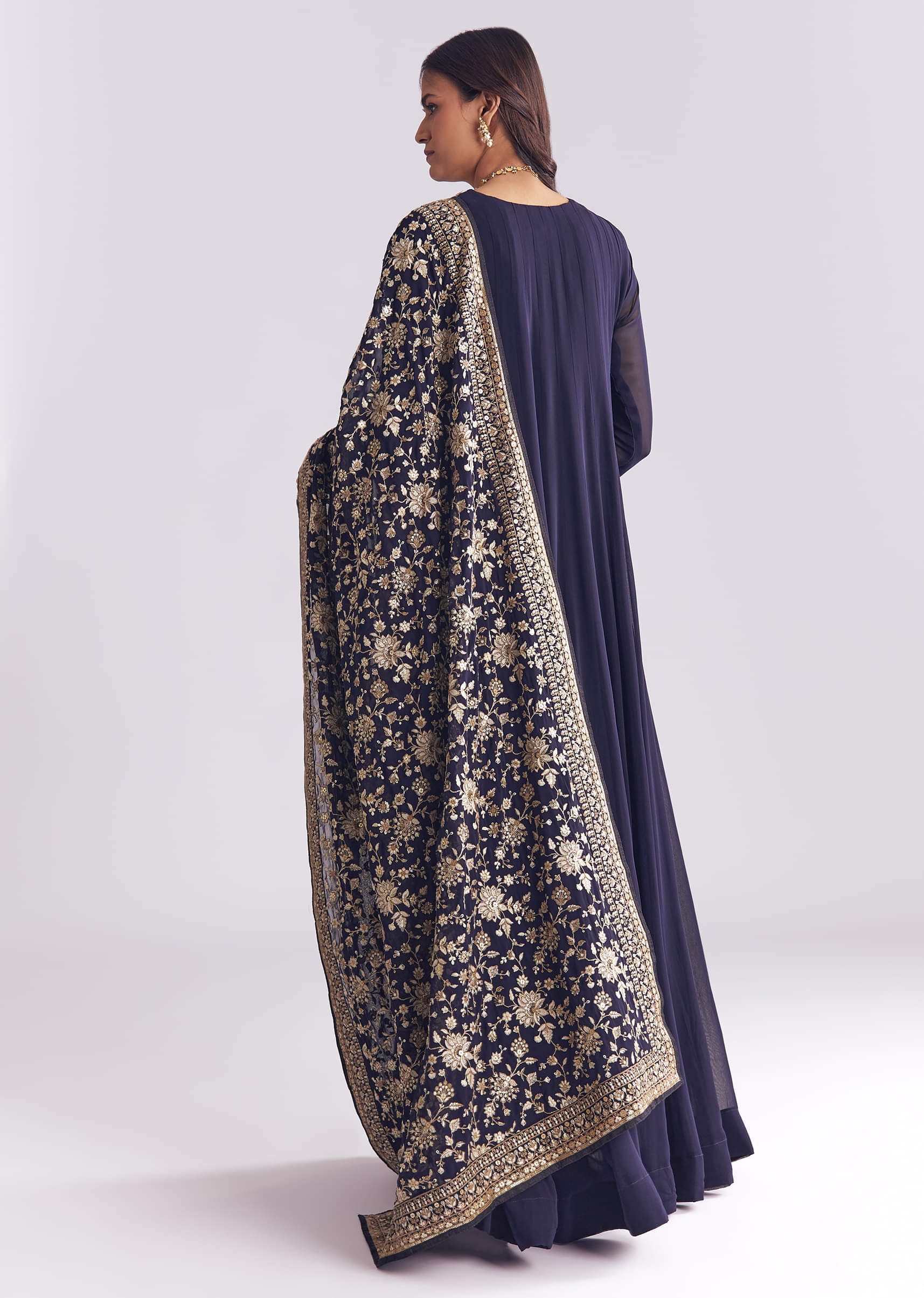 Navy Blue Georgette Anarkali Suit With Thread And Sequins Embroidery - Image 5