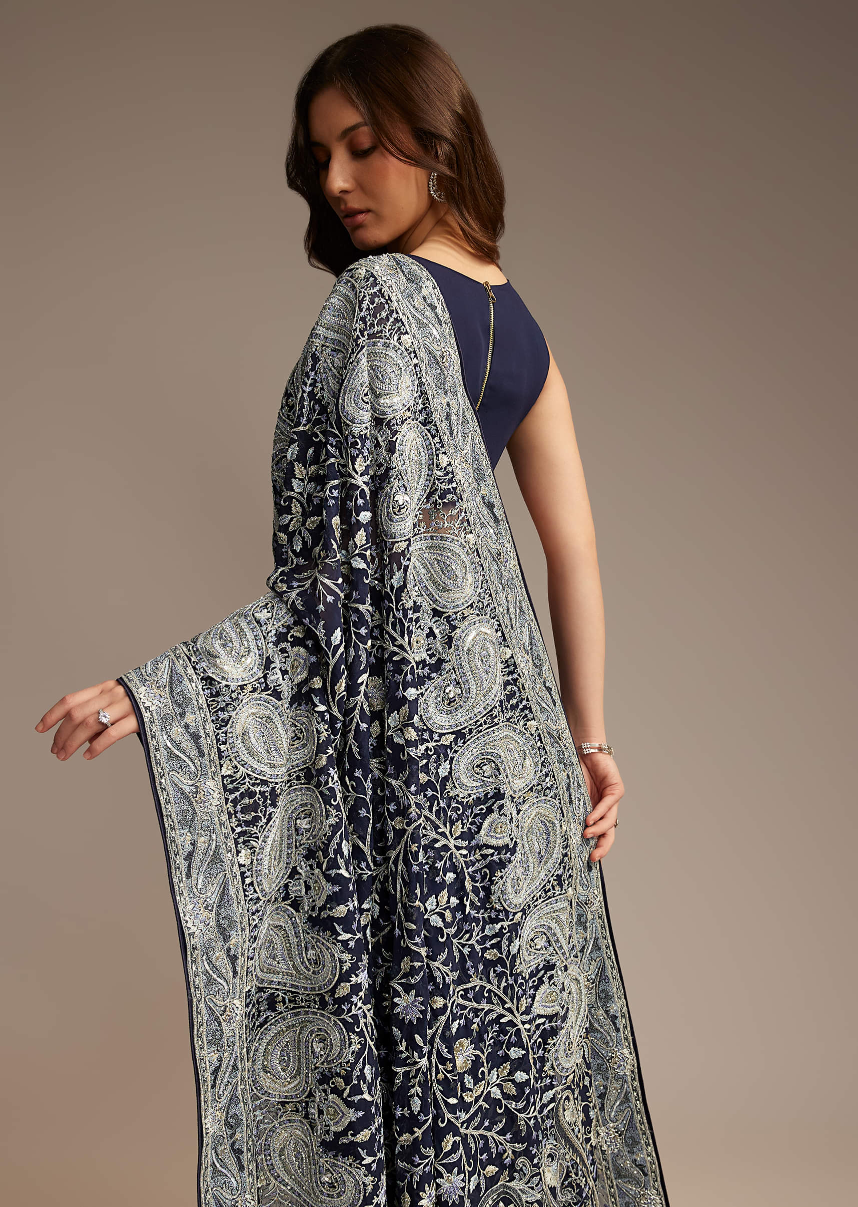 Navy Blue Georgette Saree with Heavy Floral Embroidery - Image 3