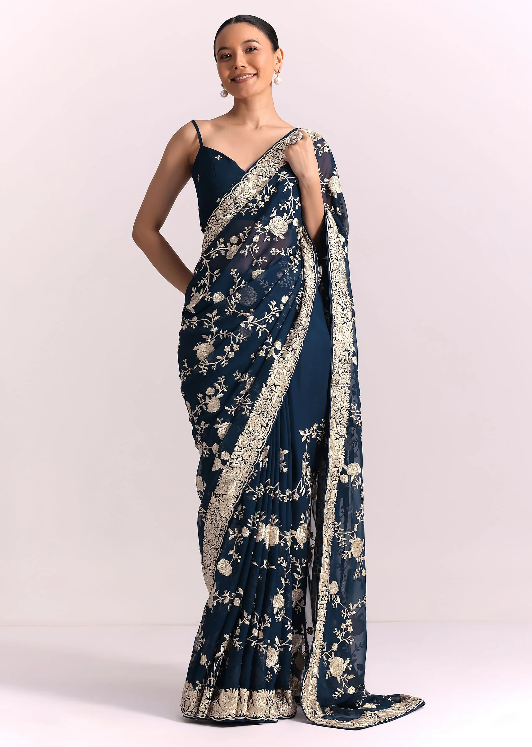 Navy Blue Georgette Saree With Parsi Gara Thread Embroidery - Image 3