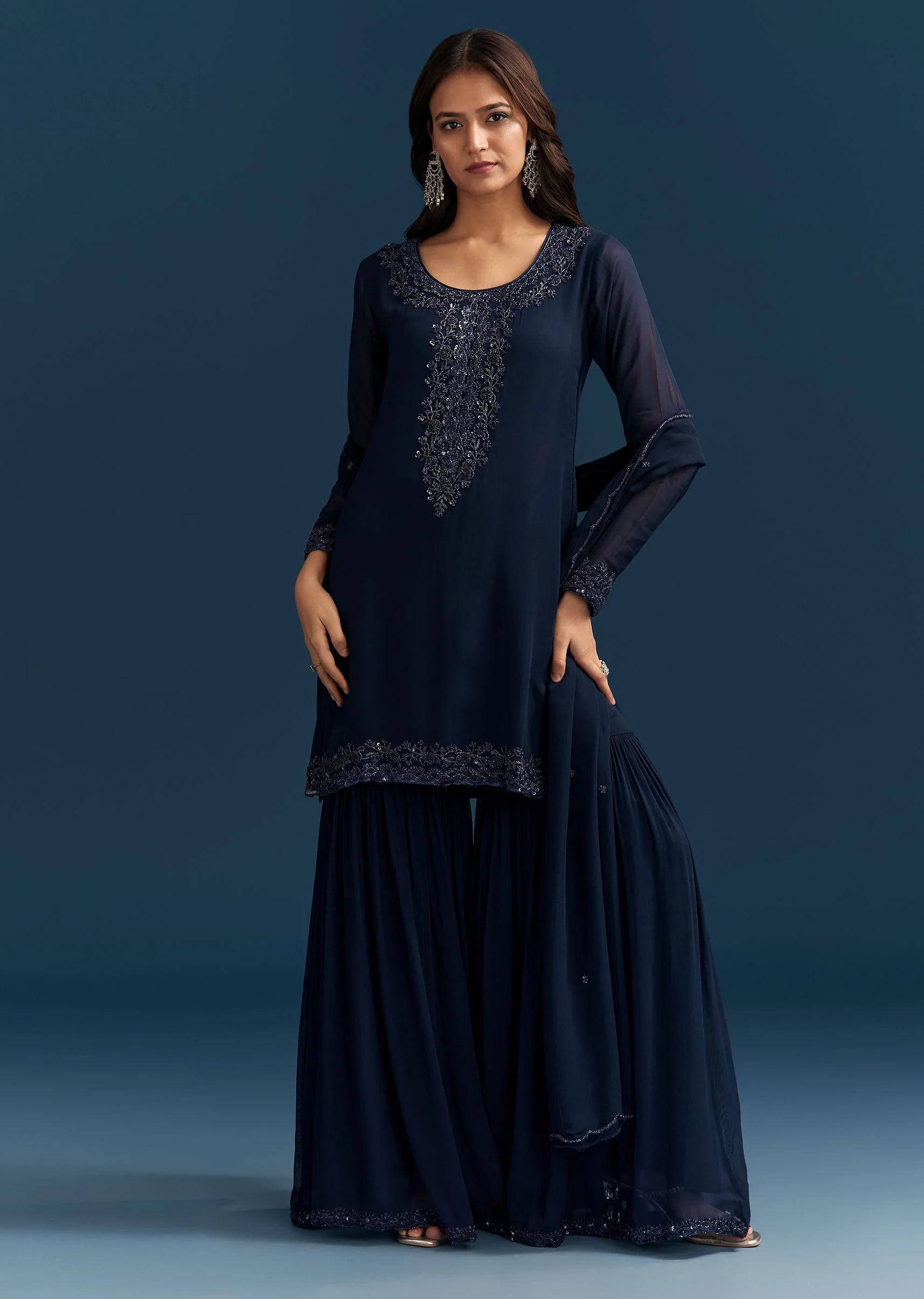 Navy Blue Georgette Sharara Suit With Embroidered Kurta And Dupatta - Image 2