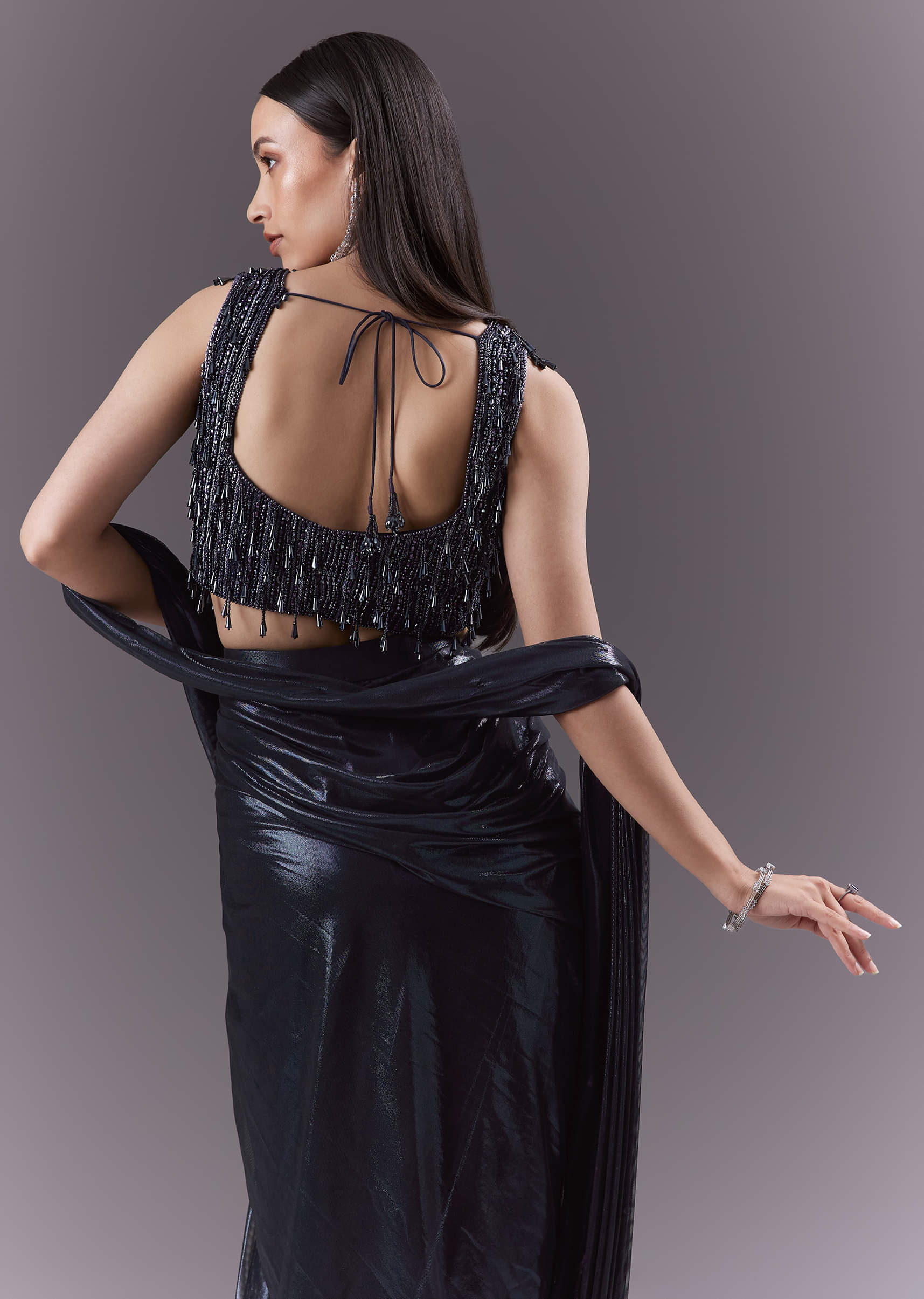 Navy Blue Imported Fabric Ready Pleated Saree With Heavy Embroidery - Image 6