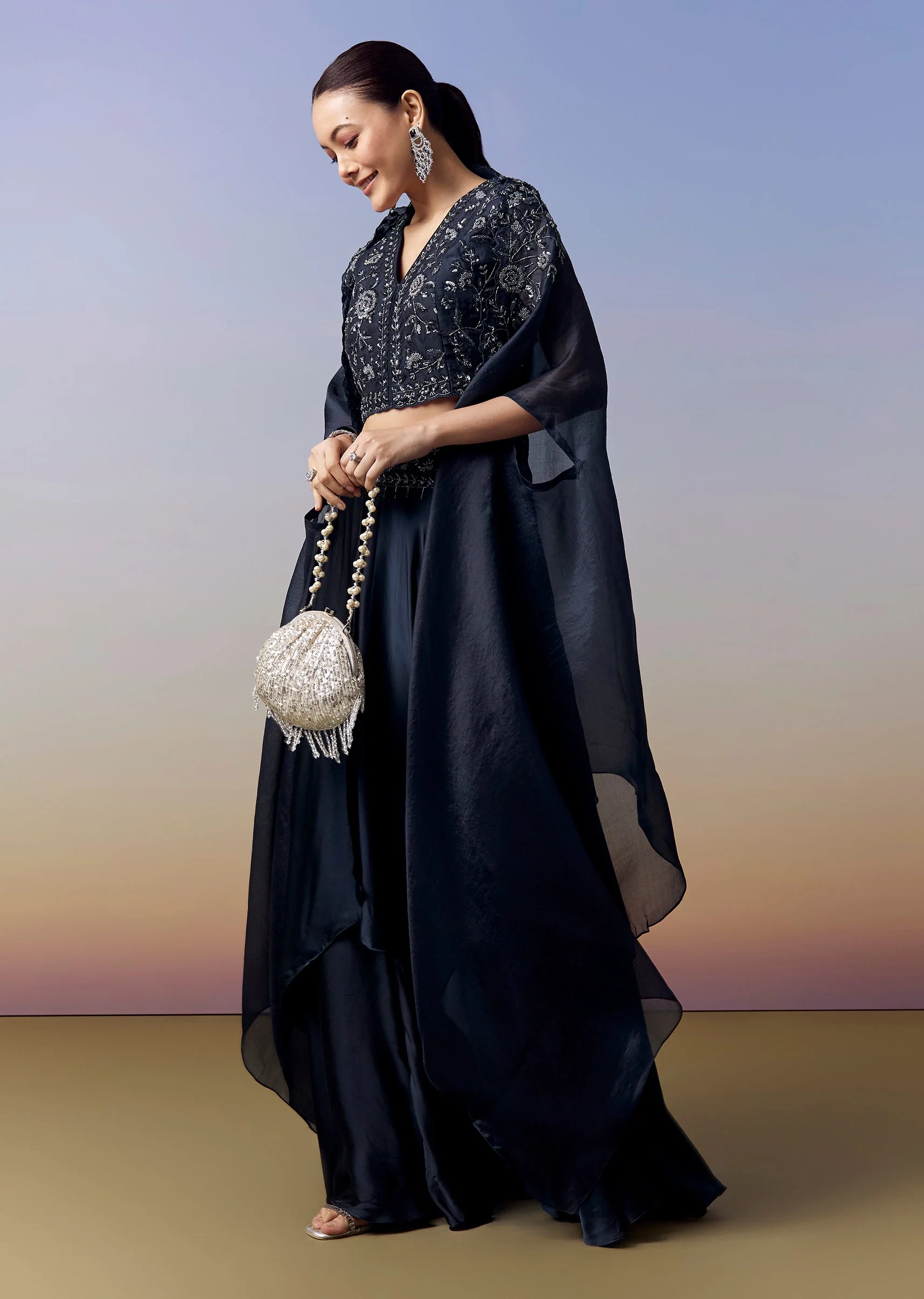 Navy Blue Indo Western Crop Top Skirt Set With Moti Work And Cape - Image 3